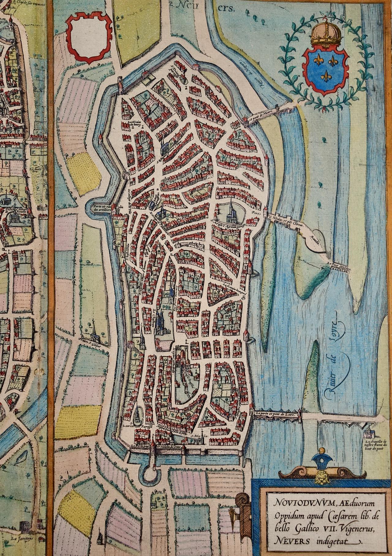 This is a pair of 16th century original hand-colored copperplate engraved maps on one sheet by Georg Braun & Franz Hogenberg, in volume III of their famous city atlas 