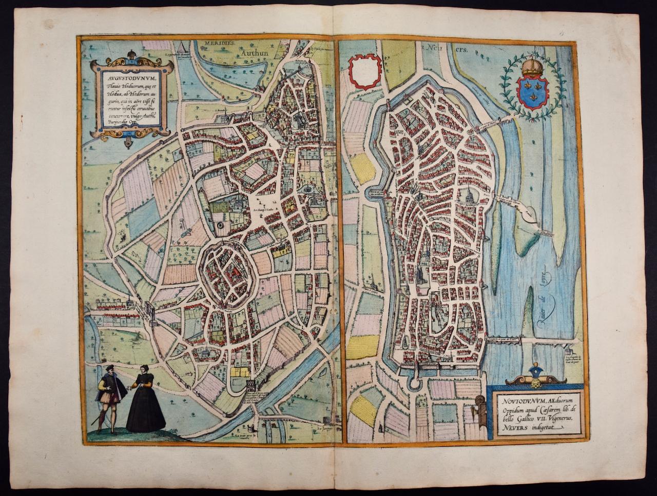 Frans Hogenberg Print - Nevers & Autun France: 16th Century Hand-colored Map by Braun & Hogenberg