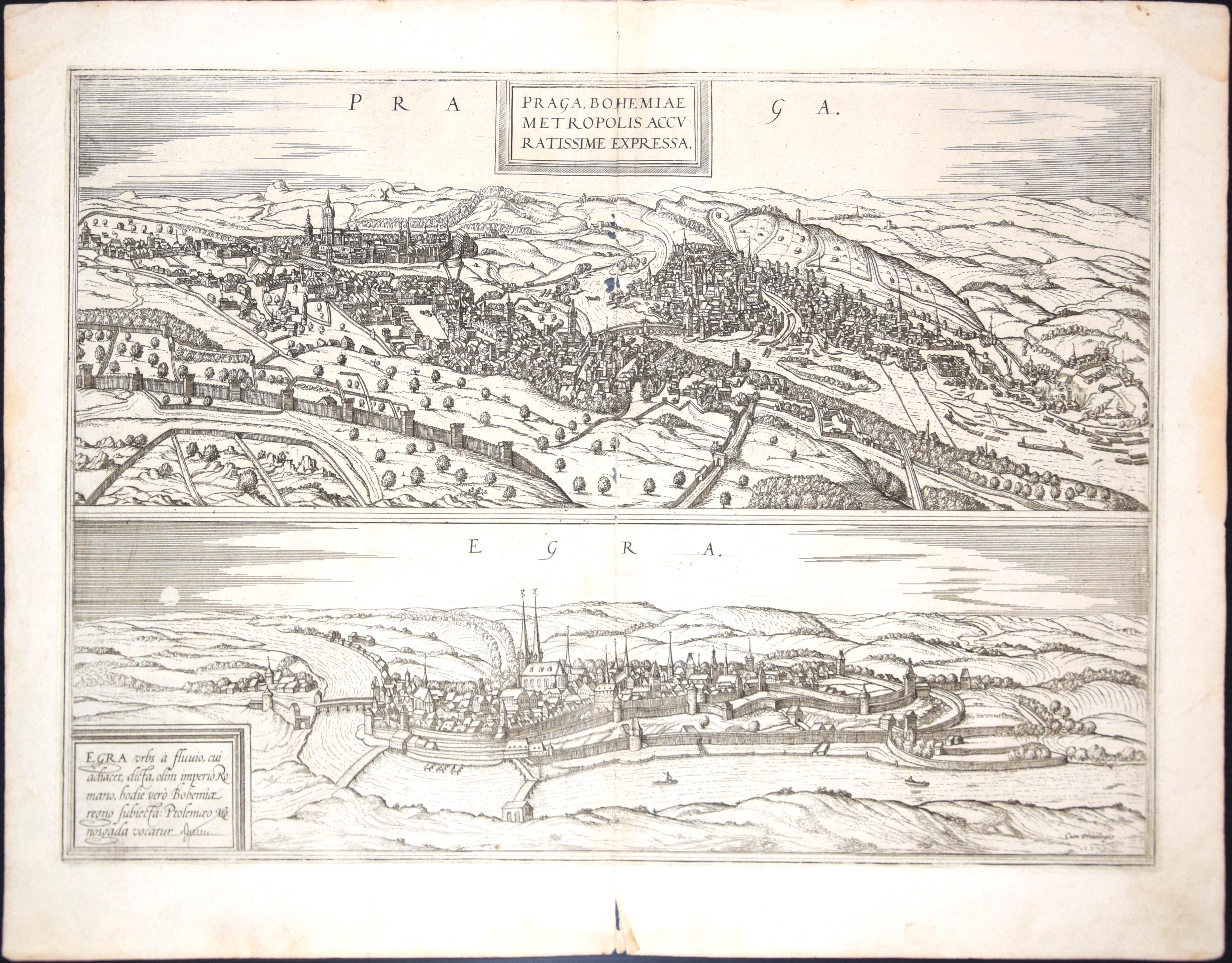 Landscape Print di Frans Hogenberg - Praga e Egra, Mappa antica da "Civitates Orbis Terrarum" - 1572-1617