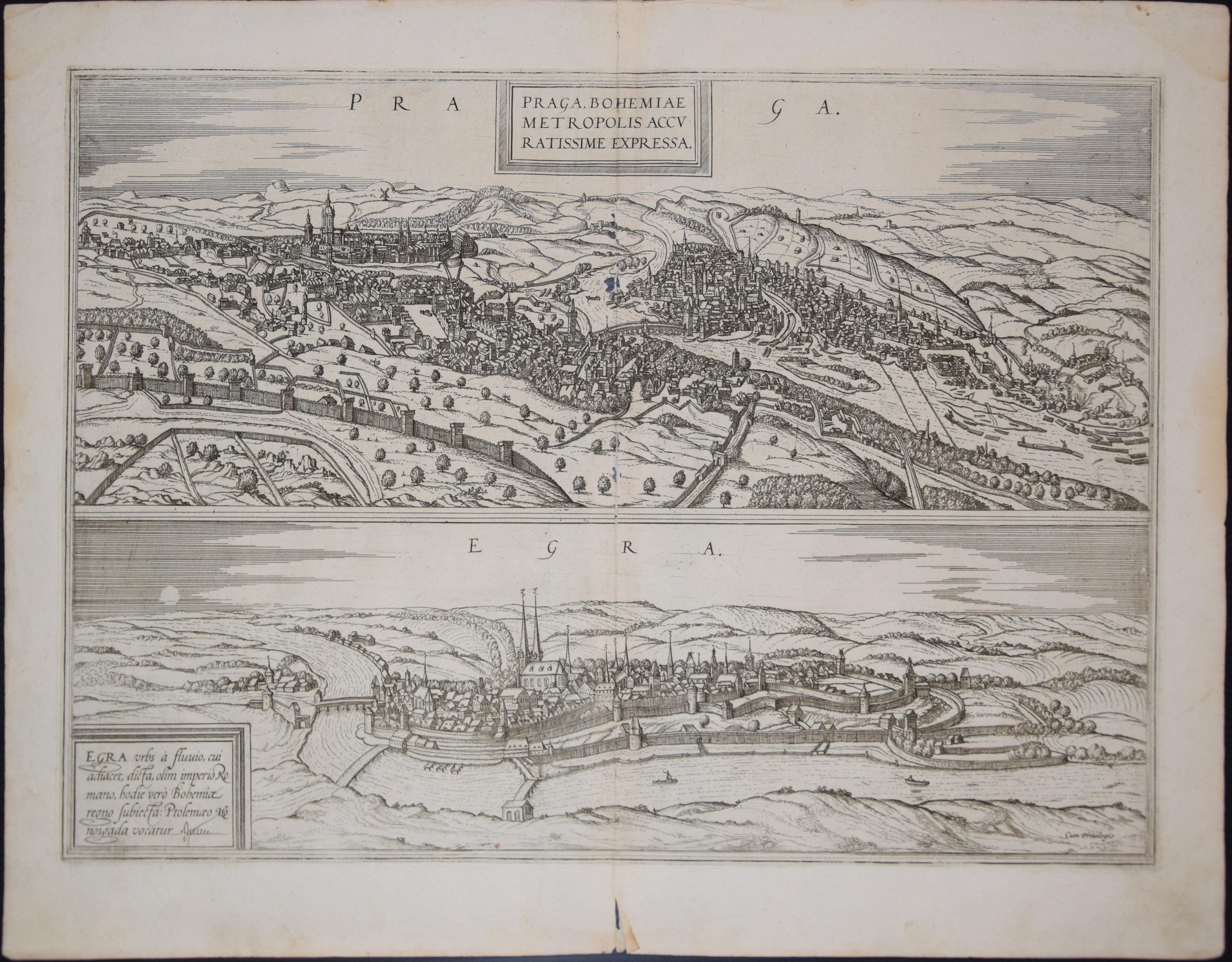 Landscape Print di Frans Hogenberg - Praga ed Egra, mappa antica da "Civitates Orbis Terrarum