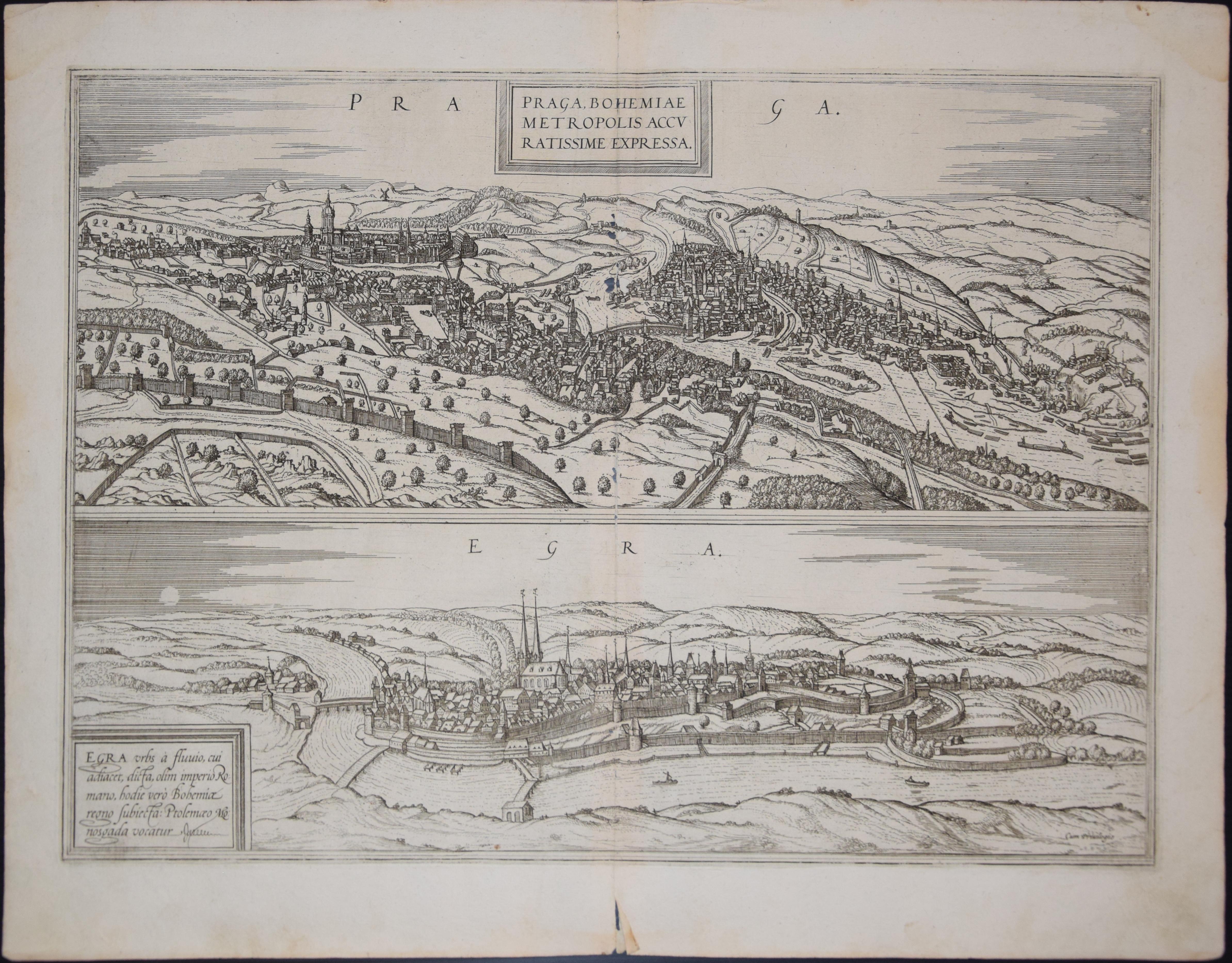 Frans Hogenberg Landscape Print - Prague and Egra, Antique Map from "Civitates Orbis Terrarum"