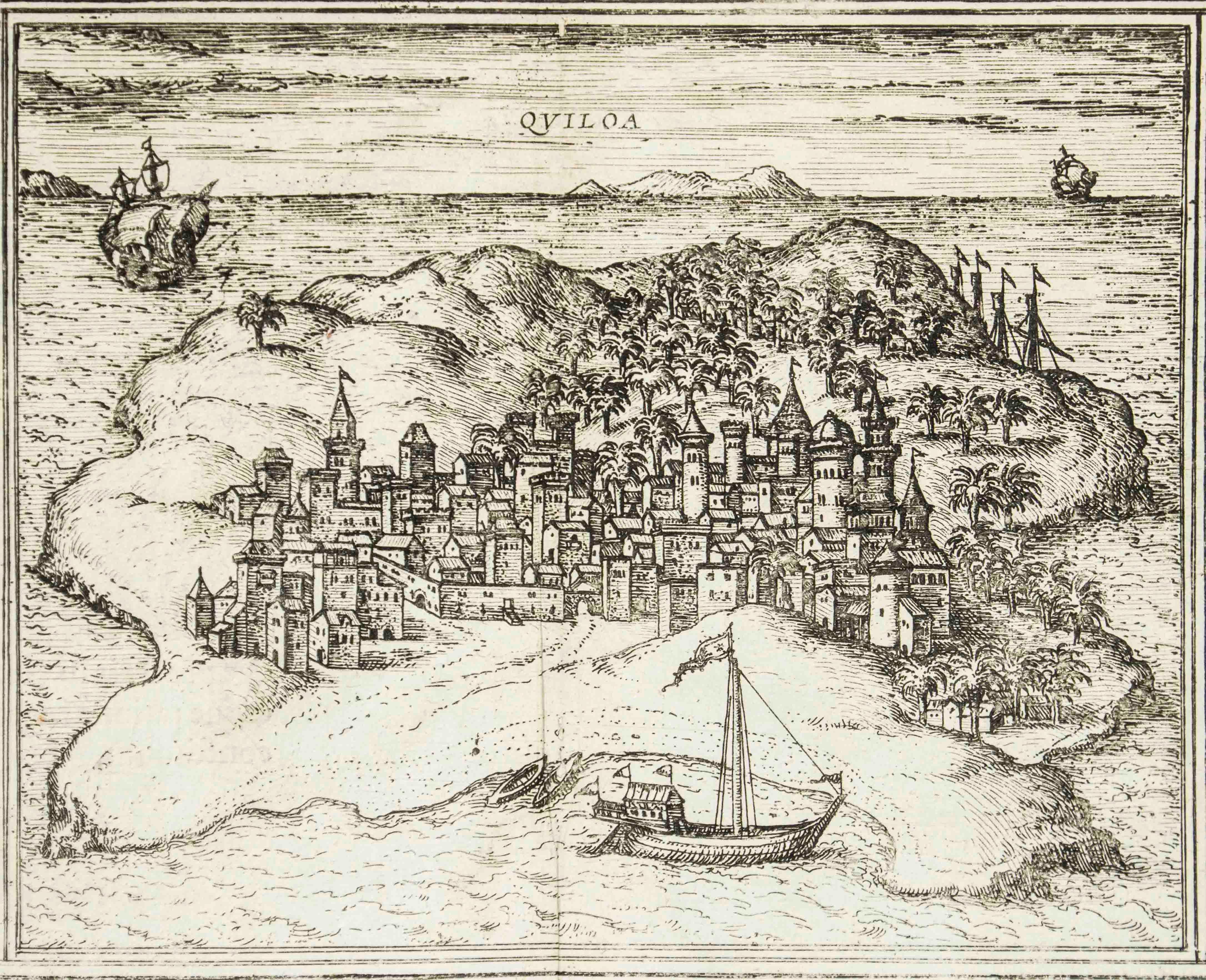 Frans Hogenberg Figurative Print – Quiloa, Karte aus „Civitates Orbis Terrarum“ – von F.Hogenberg – 1575