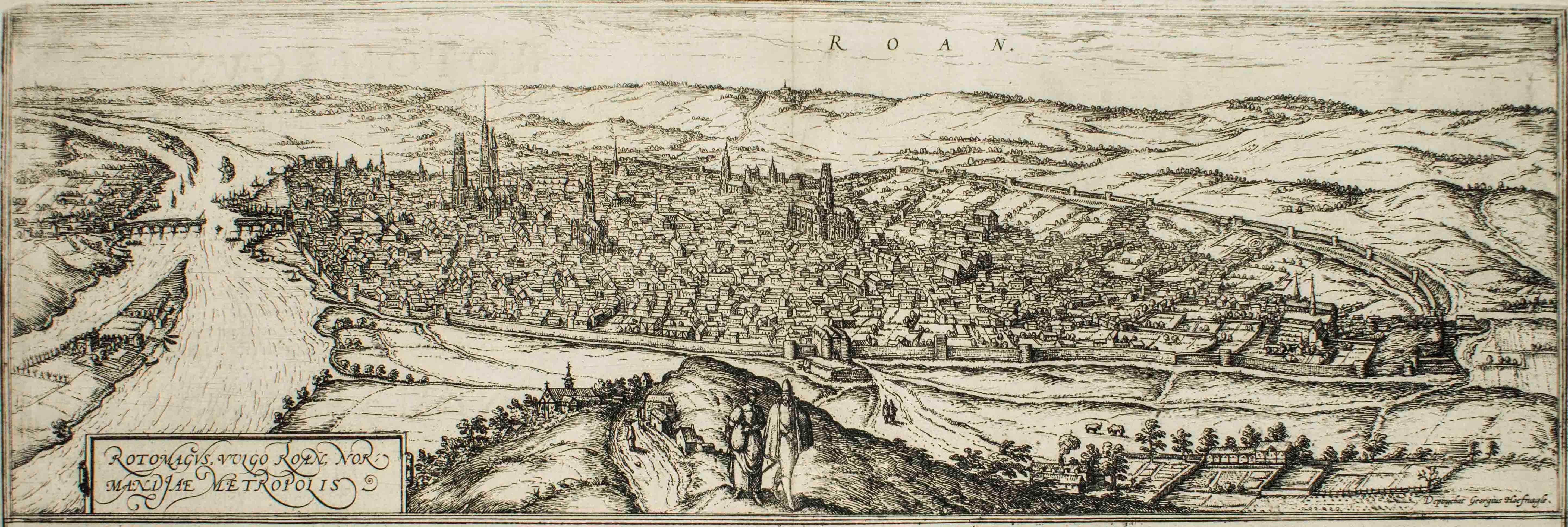 Frans Hogenberg Figurative Print - Rotomagus, Map from "Civitates Orbis Terrarum" - by F. Hogenberg - 1572/1617