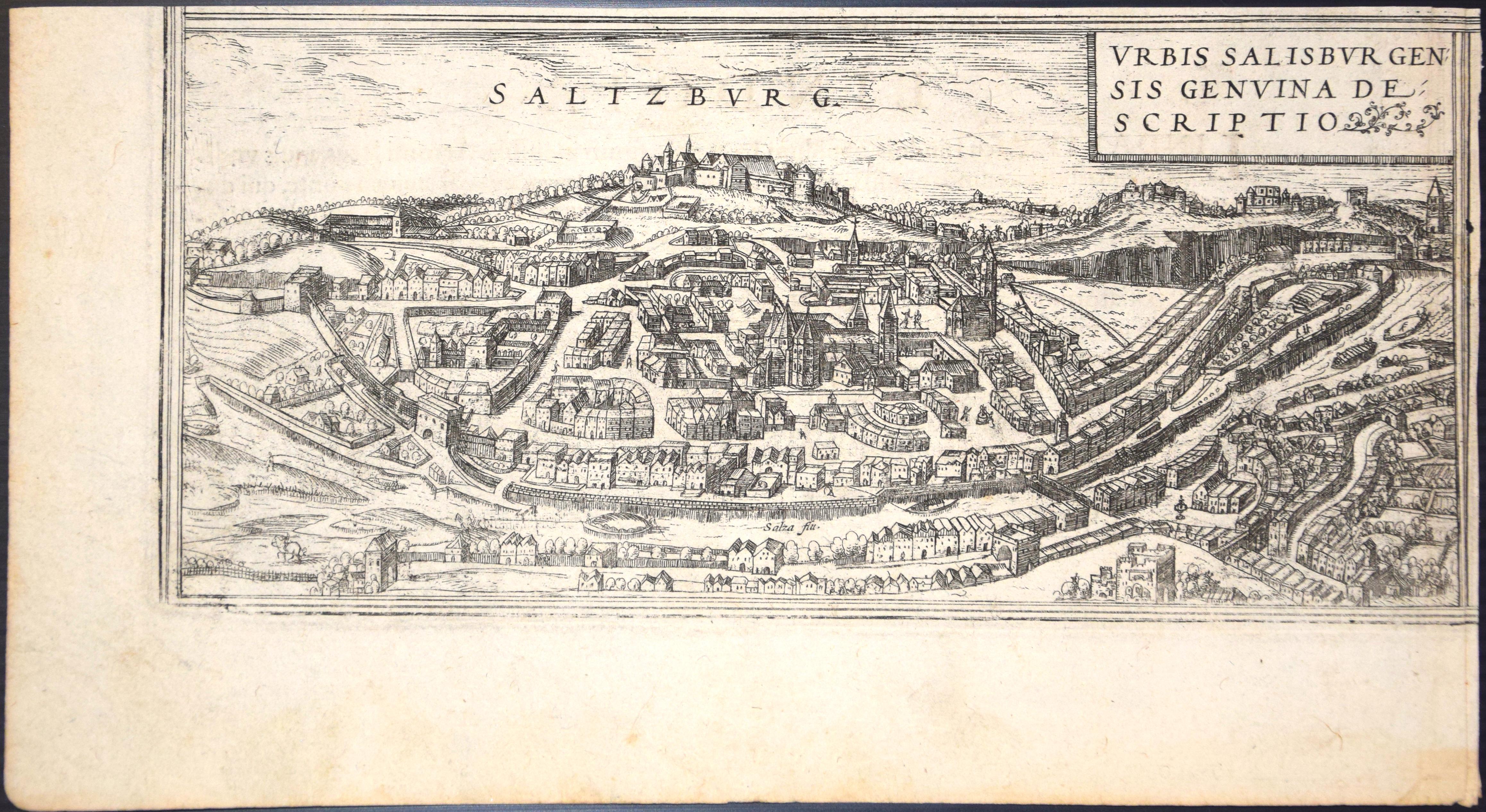 Figurative Print de Frans Hogenberg - Salzburgo, Mapa de "Civitates Orbis Terrarum"-por F. Hogenberg - 1575