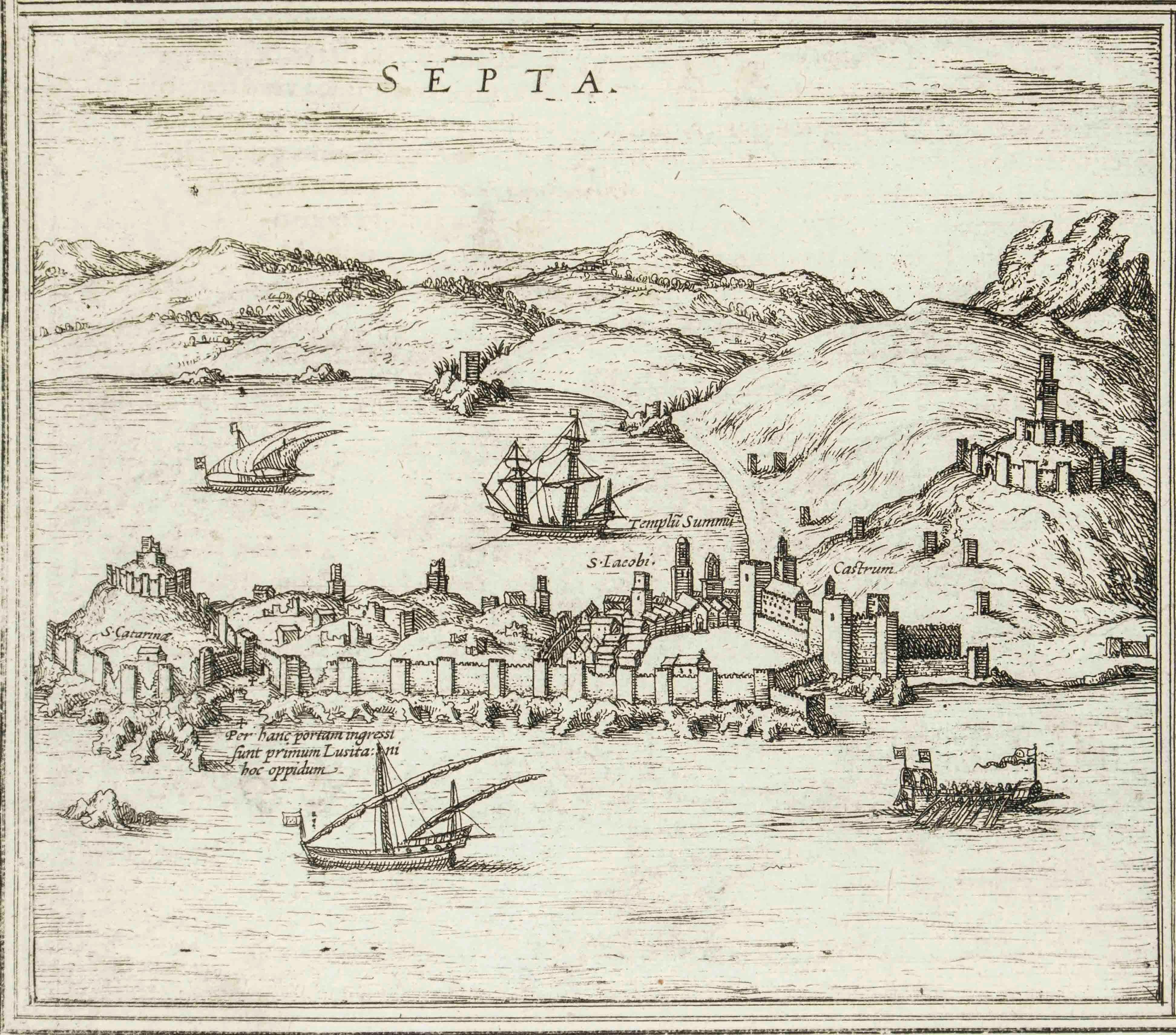 Frans Hogenberg Landscape Print - Septa, Map from "Civitates Orbis Terrarum" - by F.Hogenberg - 1575