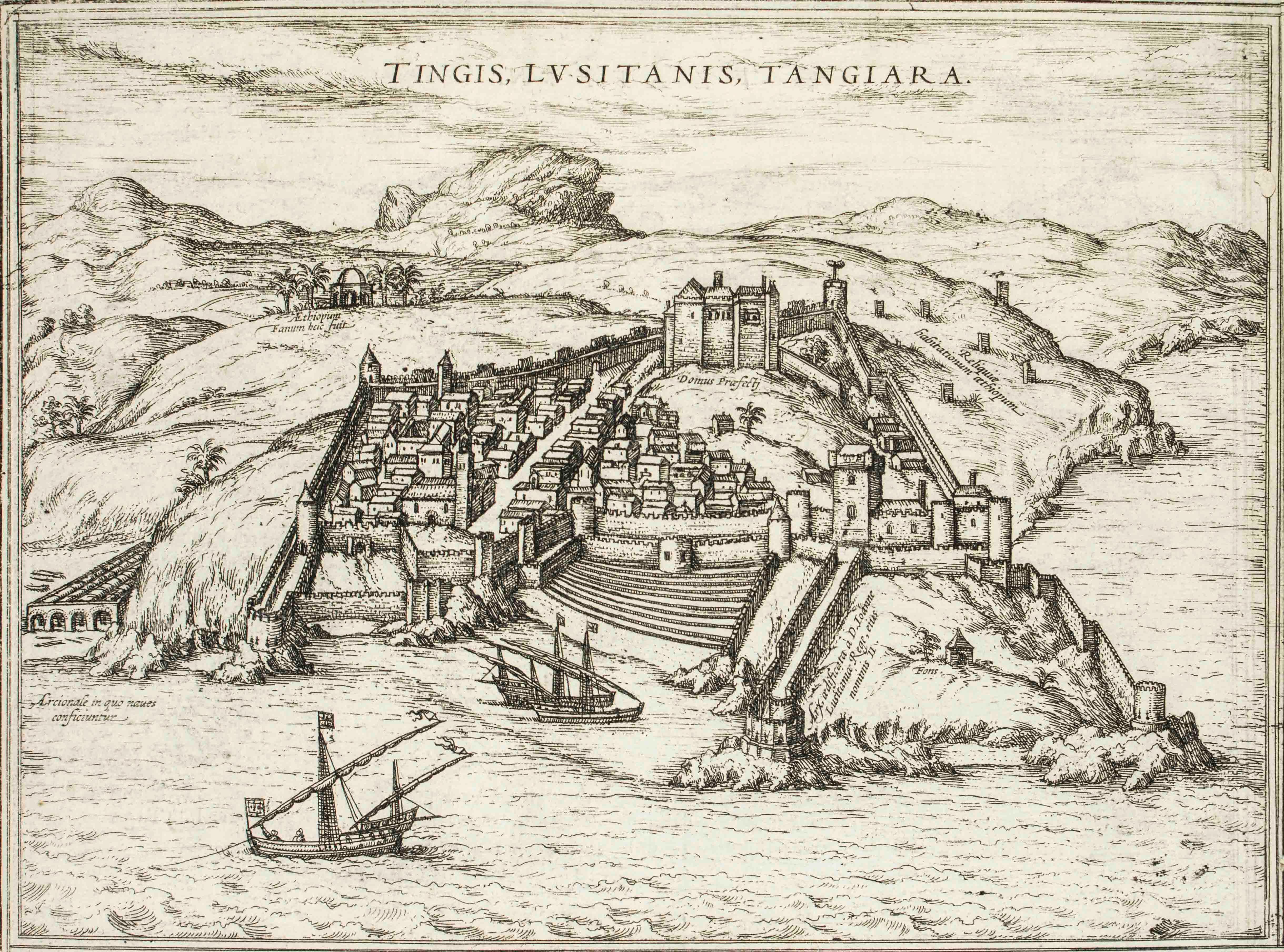 Frans Hogenberg Landscape Print - Tangiaria (Tanger), Map from "Civitates Orbis Terrarum"-by F. Hogenberg - 1575