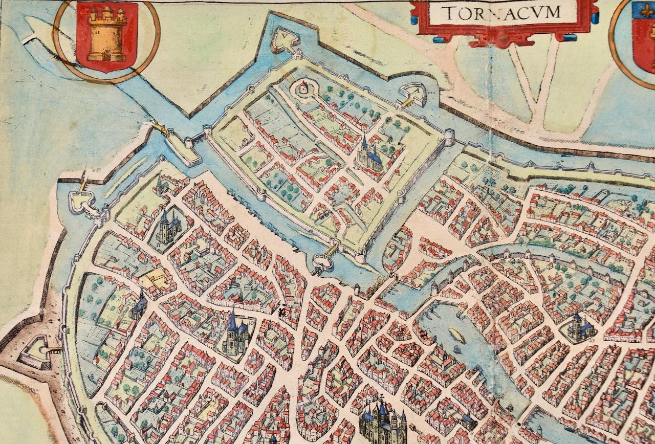 Tournai (Tournay), Belgium: A 16th Century Hand-colored Map by Braun & Hogenberg - Print by Frans Hogenberg