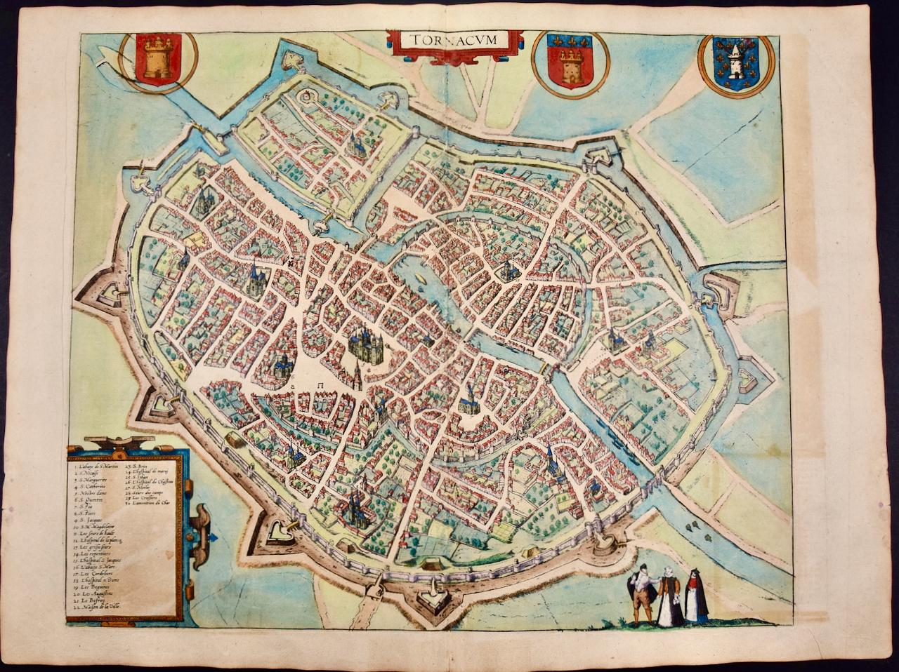 Frans Hogenberg Landscape Print – Tournai (Tournay), Belgien: Eine handkolorierte Karte aus dem 16. Jahrhundert von Braun & Hogenberg