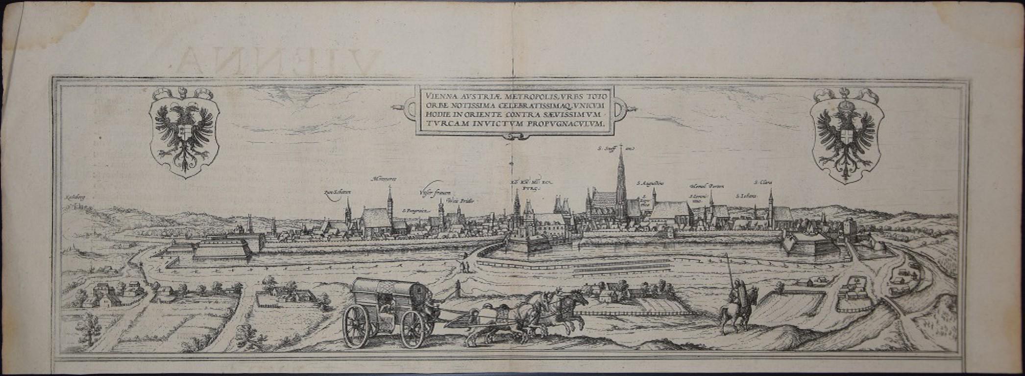 Figurative Print di Frans Hogenberg - Vienna, Mappa antica da "Civitates Orbis Terrarum" - Acquaforte - Maestro antico