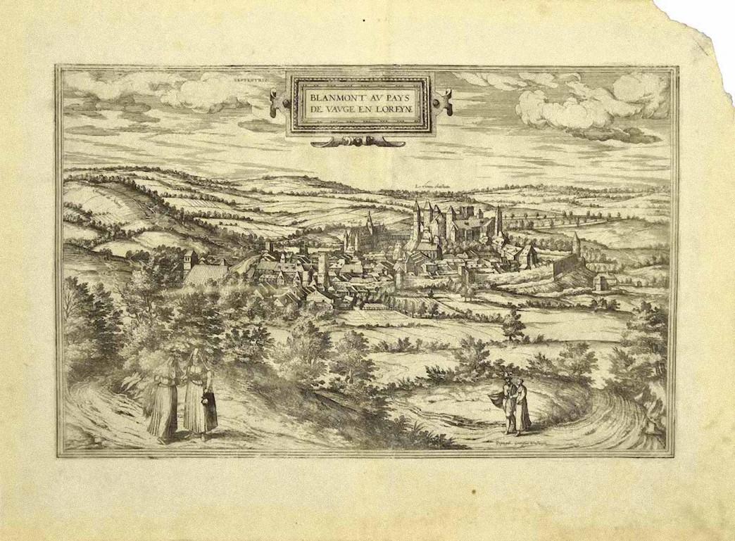 Frans Hogenberg Figurative Print - View of Blanmont - Etching by G. Braun and F. Hogenberg - Late 16th Century