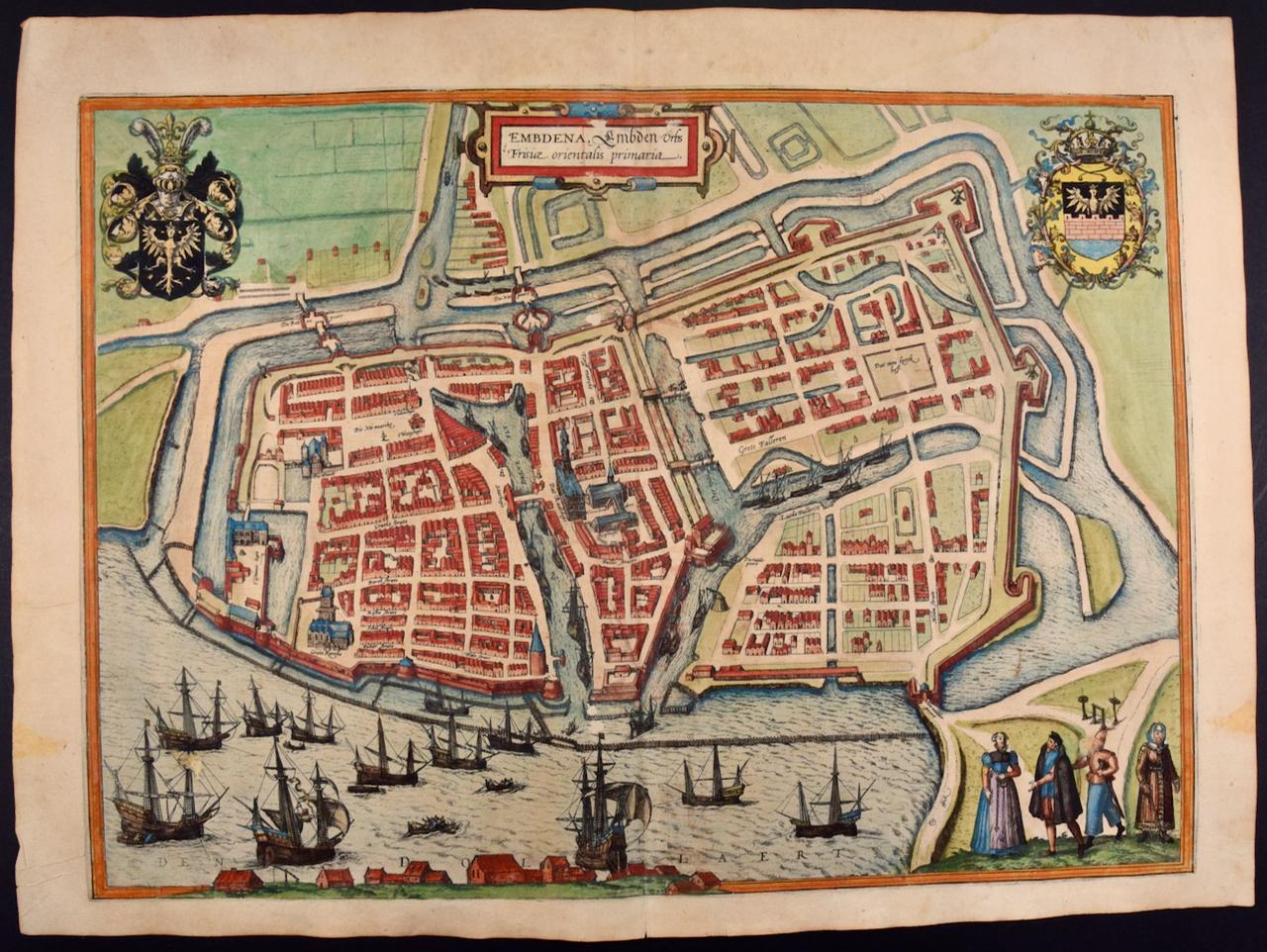 Landscape Print Frans Hogenberg -  View of Emden, Allemagne : une carte du 16e siècle colorée à la main par Braun & Hogenberg