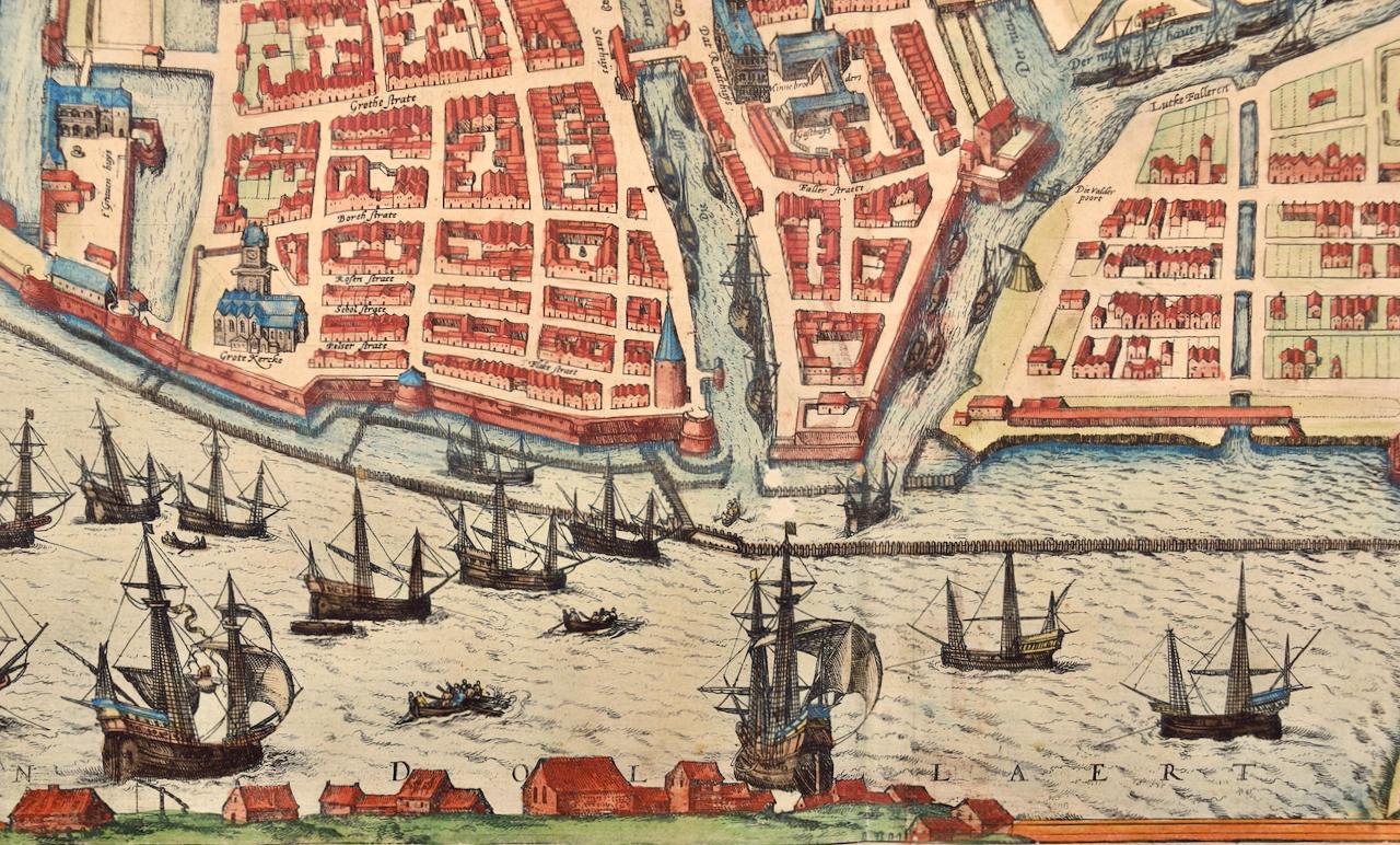 View of Emden, Germany: A 16th Century Hand-colored Map by Braun & Hogenberg - Old Masters Print by Frans Hogenberg