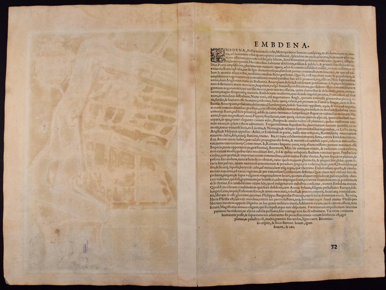  View of Emden, Germany: A 16th Century Hand-colored Map by Braun & Hogenberg - Brown Landscape Print by Frans Hogenberg