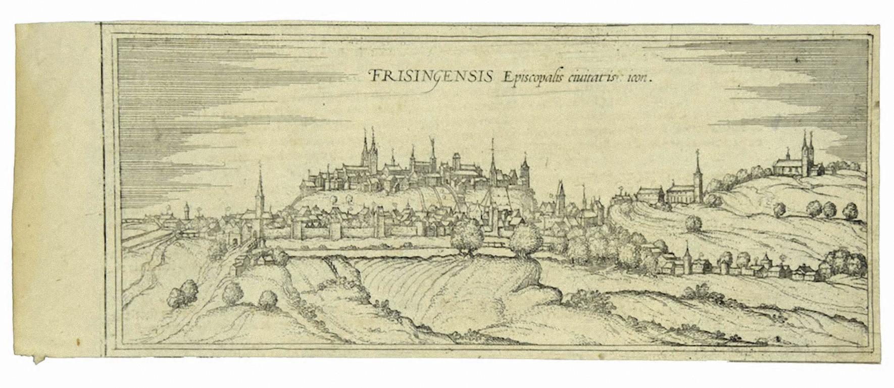 Landscape Print de Frans Hogenberg - Vista de Freising - Aguafuerte de G. Braun y F. Hogenberg - Finales del siglo XVI