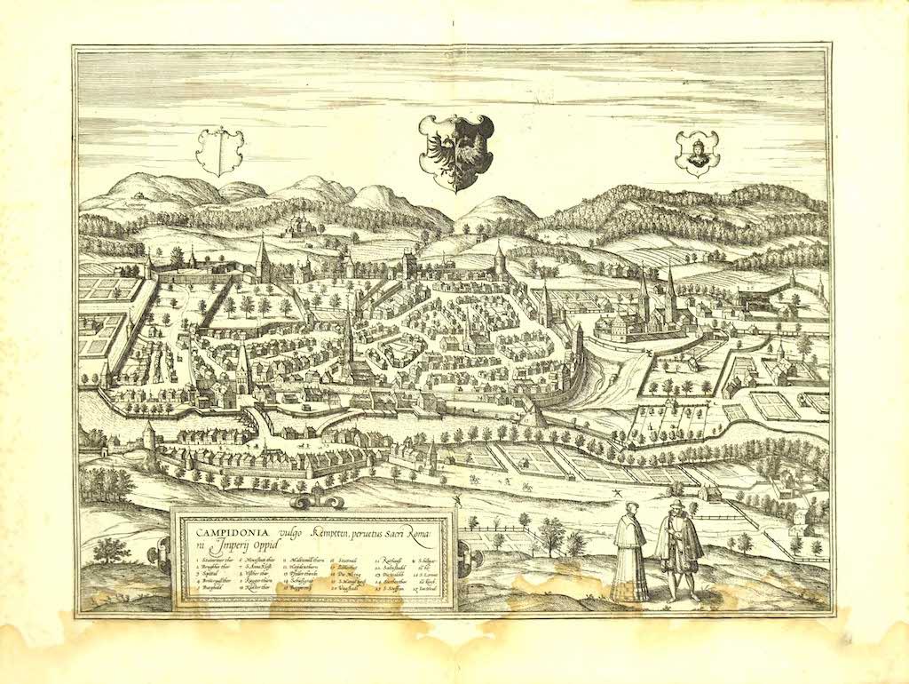 Frans Hogenberg Figurative Print - View of Kempten in Allgau - Etching by G. Braun and F. Hogenberg - Late 1500
