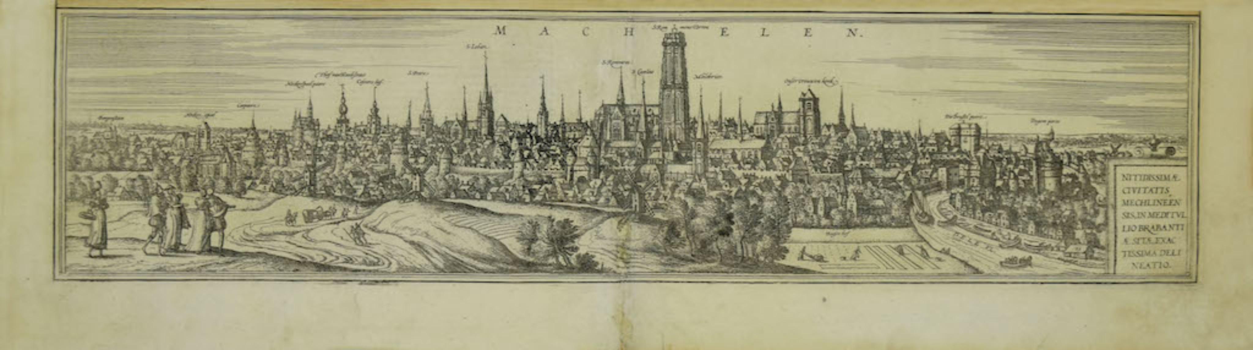 Frans Hogenberg Landscape Print - View of Mechelen - Original Etching by G. Braun and F. Hogenberg - 16th Century