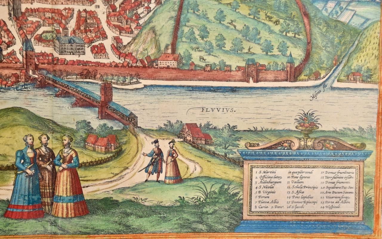 View of Meissen, Germany: A 16th Century Hand-colored Map by Braun & Hogenberg - Print by Frans Hogenberg