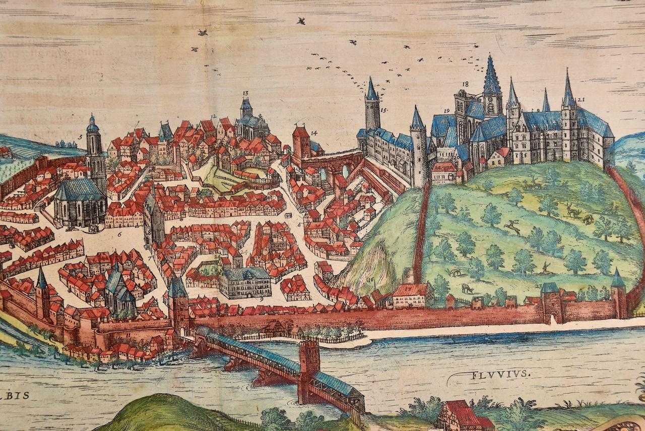  View of Meissen, Germany: A 16th Century Hand-colored Map by Braun & Hogenberg - Old Masters Print by Frans Hogenberg
