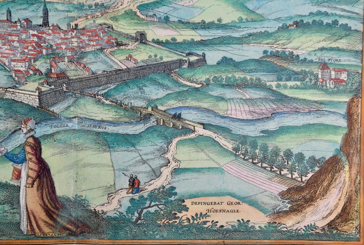 View of Pisaro, Italy: A 16th Century Hand-colored Map by Braun & Hogenberg (Alte Meister), Print, von Frans Hogenberg