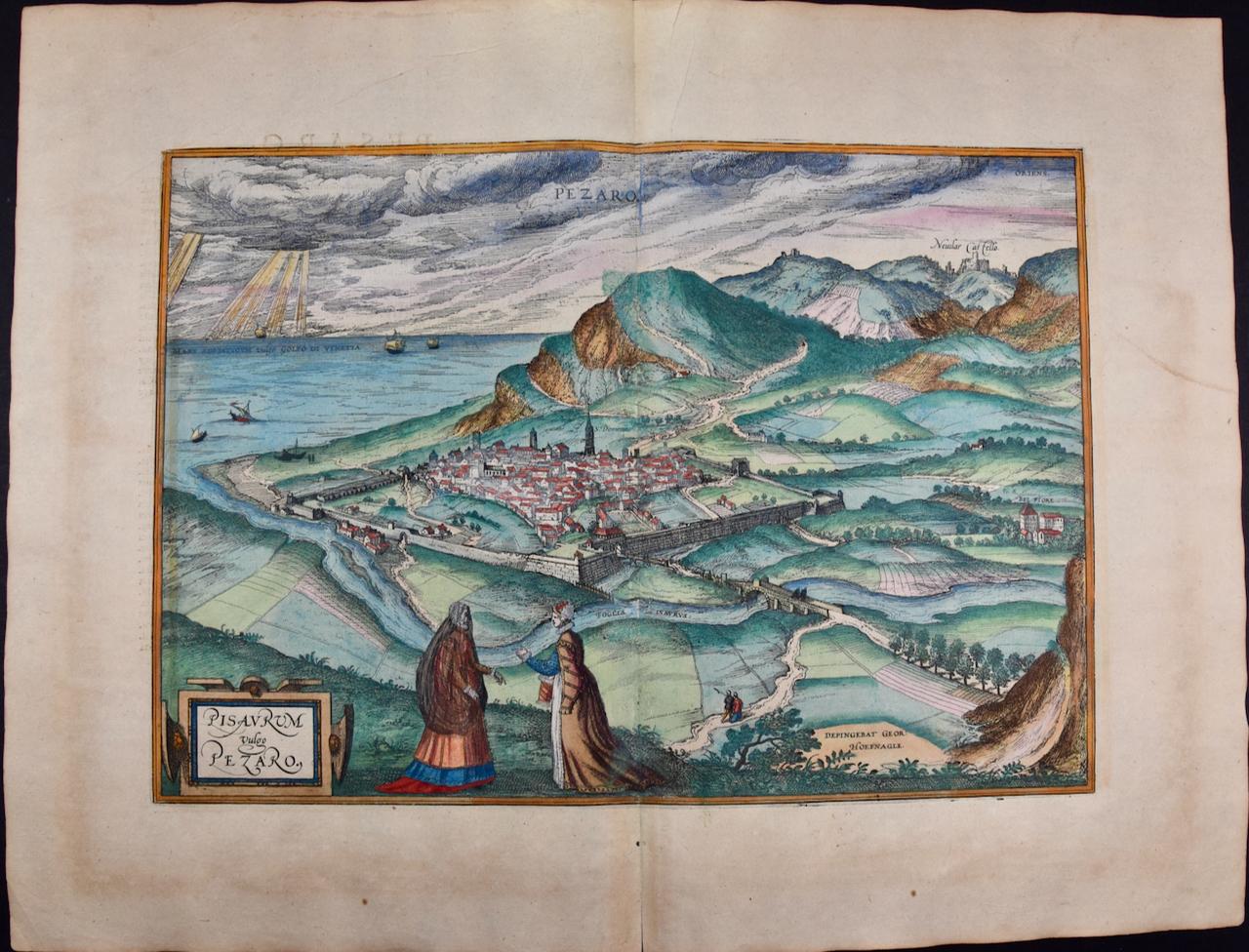 View of Pisaro, Italy: A 16th Century Hand-colored Map by Braun & Hogenberg - Print de Frans Hogenberg