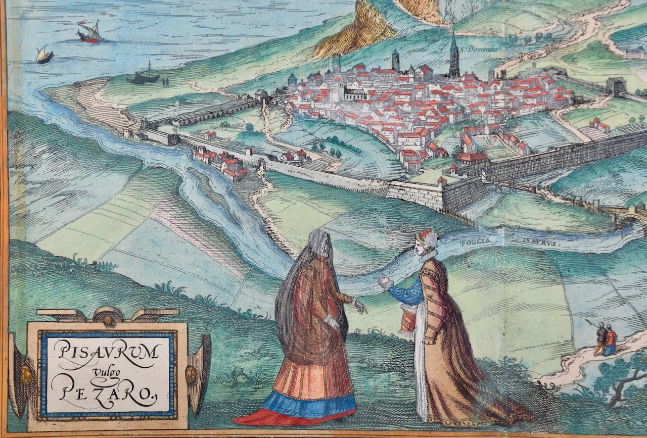 Frans Hogenberg Print – View of Pisaro, Italy: A 16th Century Hand-colored Map by Braun & Hogenberg