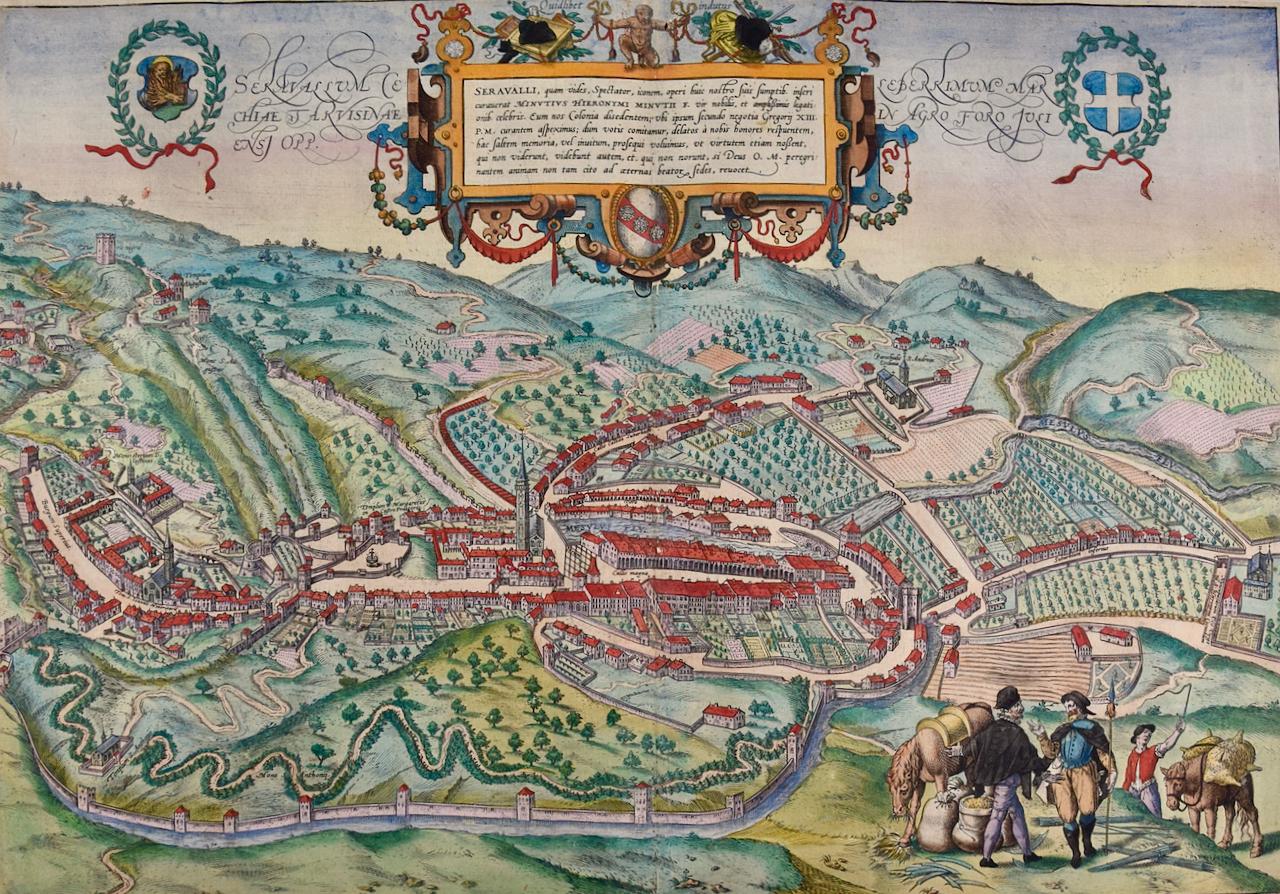 View of Seravalle, Italy: A 16th Century Hand-colored Map by Braun & Hogenberg - Print by Frans Hogenberg
