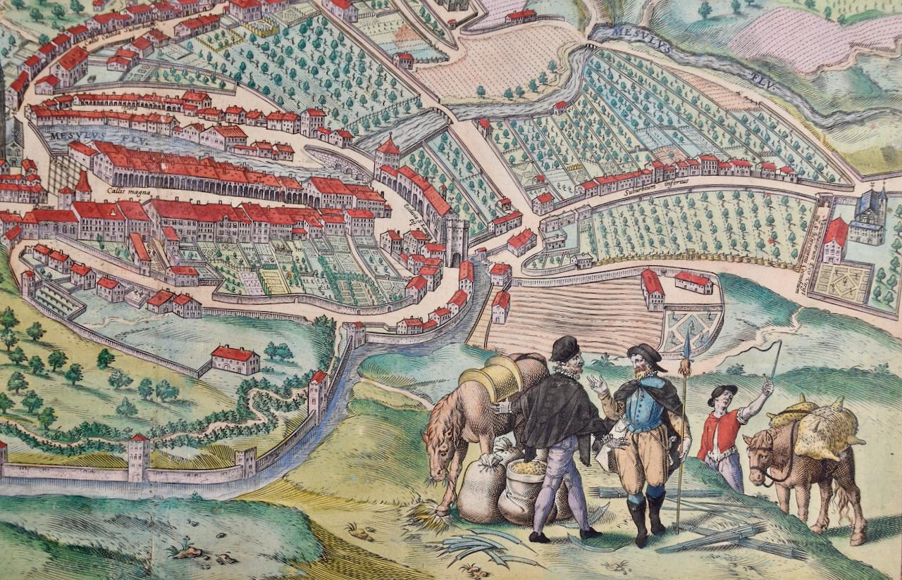 Vue de Seravalle, Italie : une carte du XVIe siècle colorée à la main par Braun & Hogenberg - Maîtres anciens Print par Frans Hogenberg