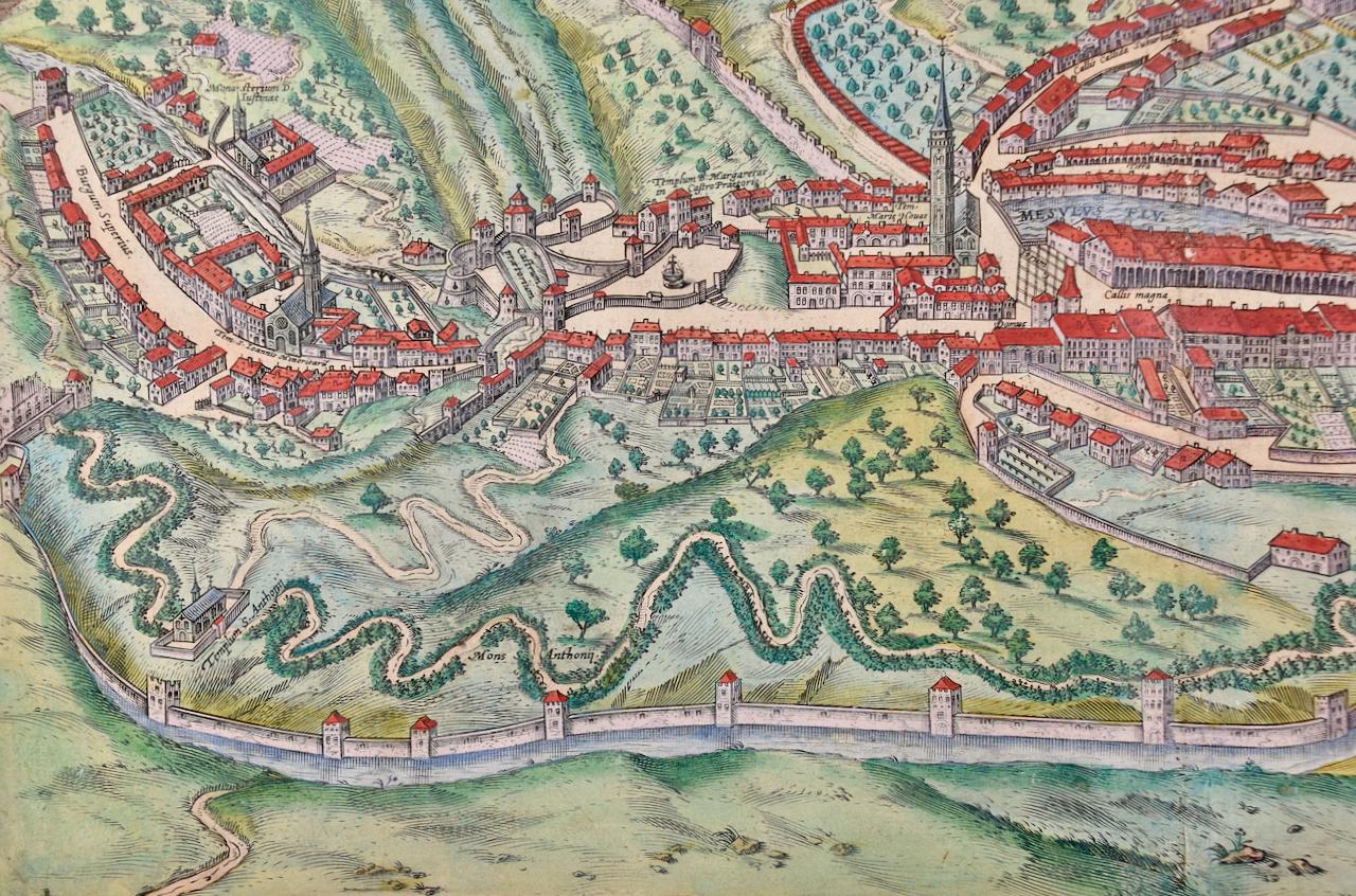 Vue de Seravalle, Italie : une carte du XVIe siècle colorée à la main par Braun & Hogenberg - Marron Landscape Print par Frans Hogenberg