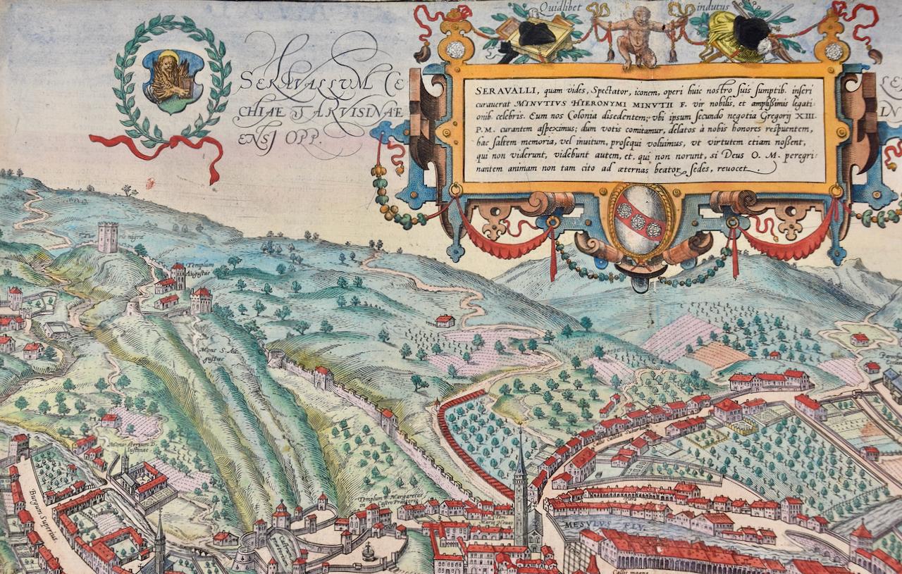 Il s'agit d'une carte originale du 16ème siècle gravée sur cuivre et colorée à la main de la vue de Seravalle, Italie, intitulée 