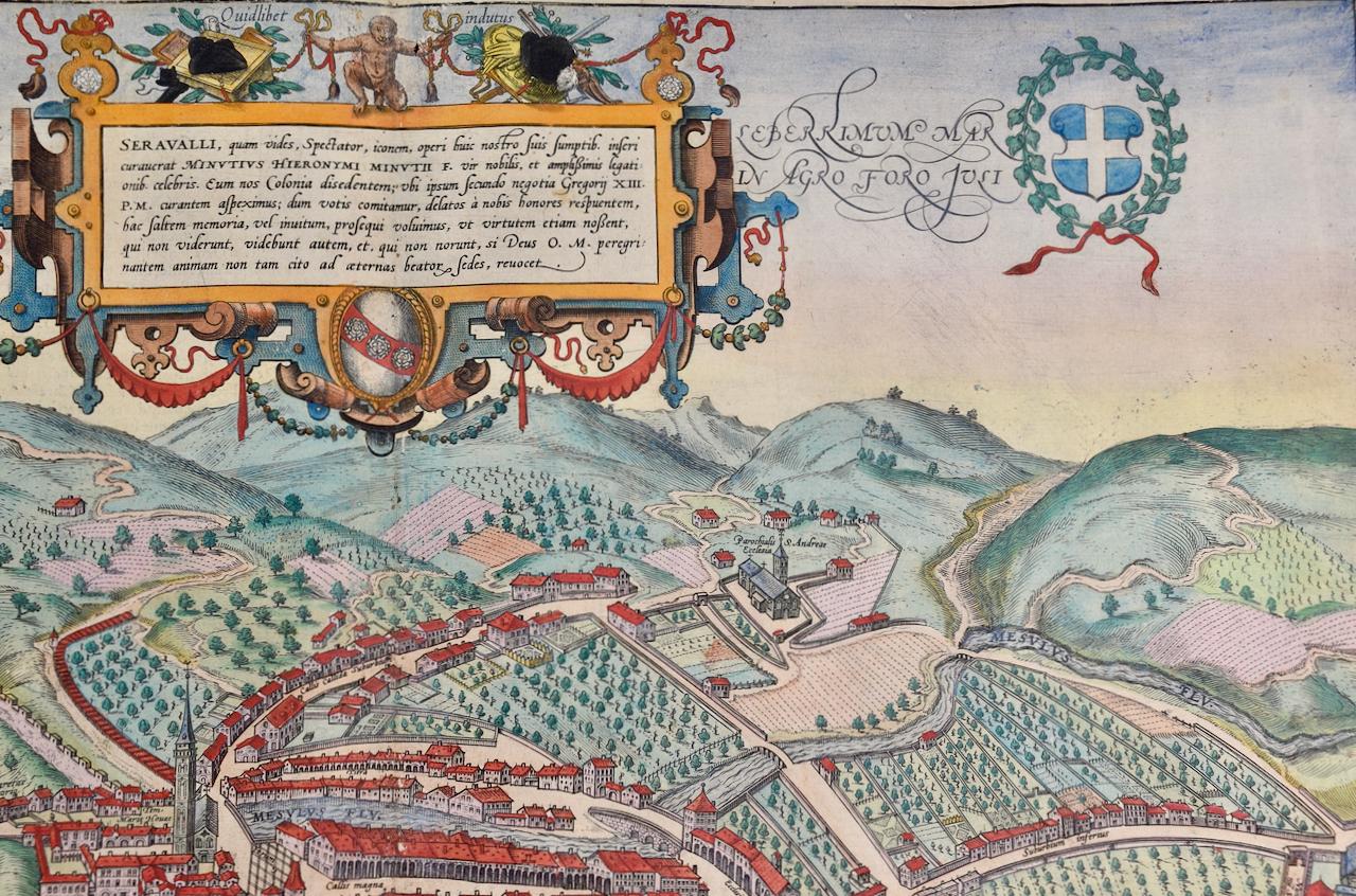 View of Seravalle, Italy: A 16th Century Hand-colored Map by Braun & Hogenberg - Old Masters Print by Frans Hogenberg