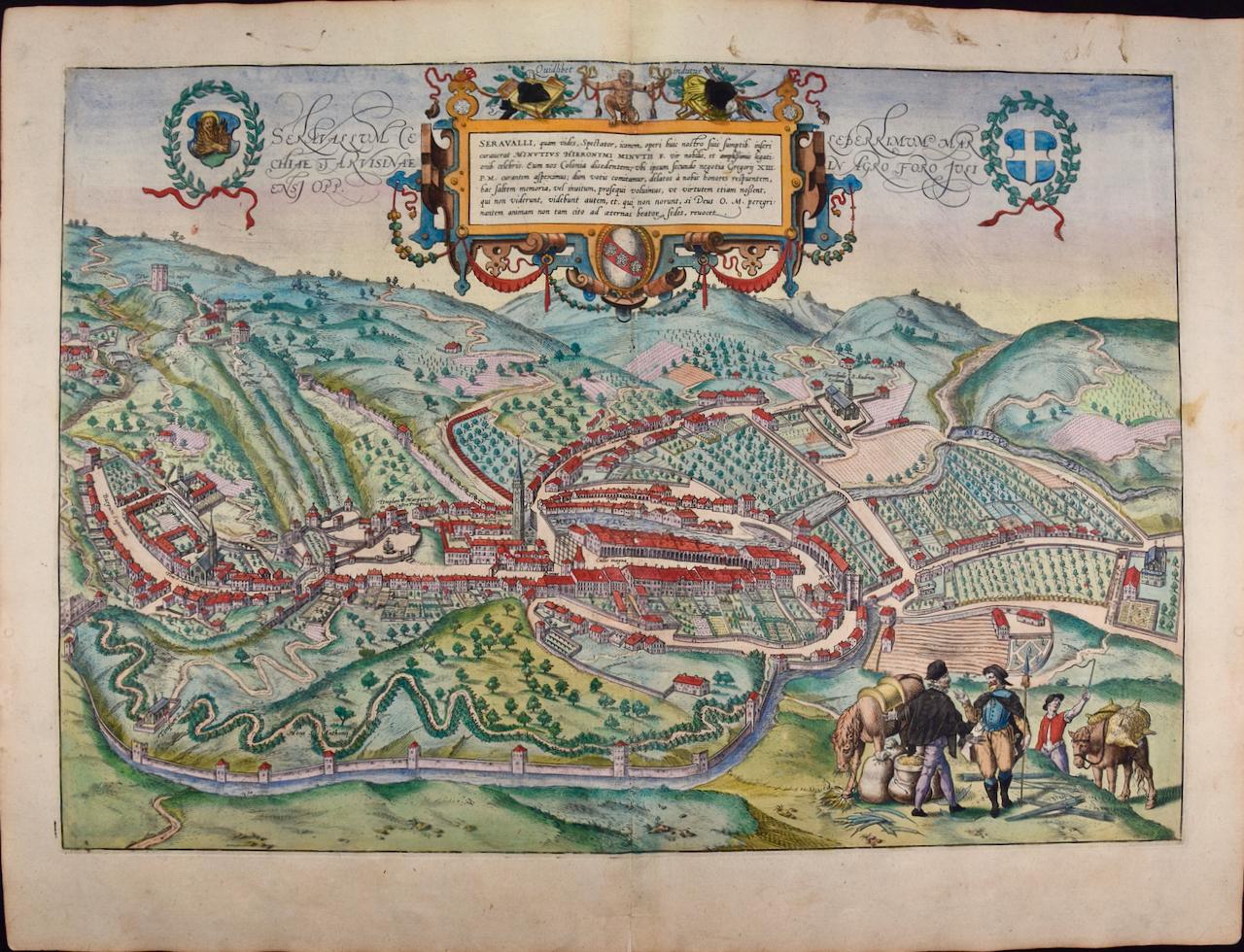 View of Seravalle, Italy: A 16th Century Hand-colored Map by Braun & Hogenberg