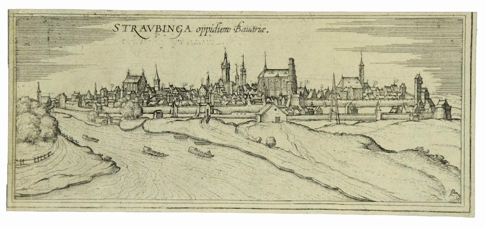 Frans Hogenberg Figurative Print - View of Straubing - Etching by G. Braun and F. Hogenberg - Late 16th Century