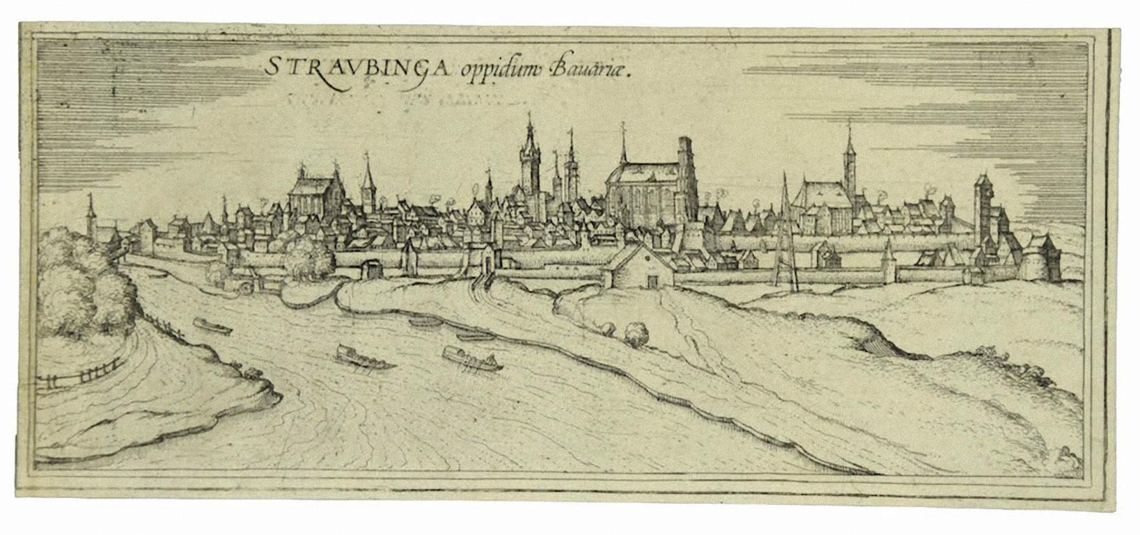 Landscape Print de Frans Hogenberg - Vista de Straubing - Aguafuerte de G. Braun y F. Hogenberg - Finales del siglo XVI