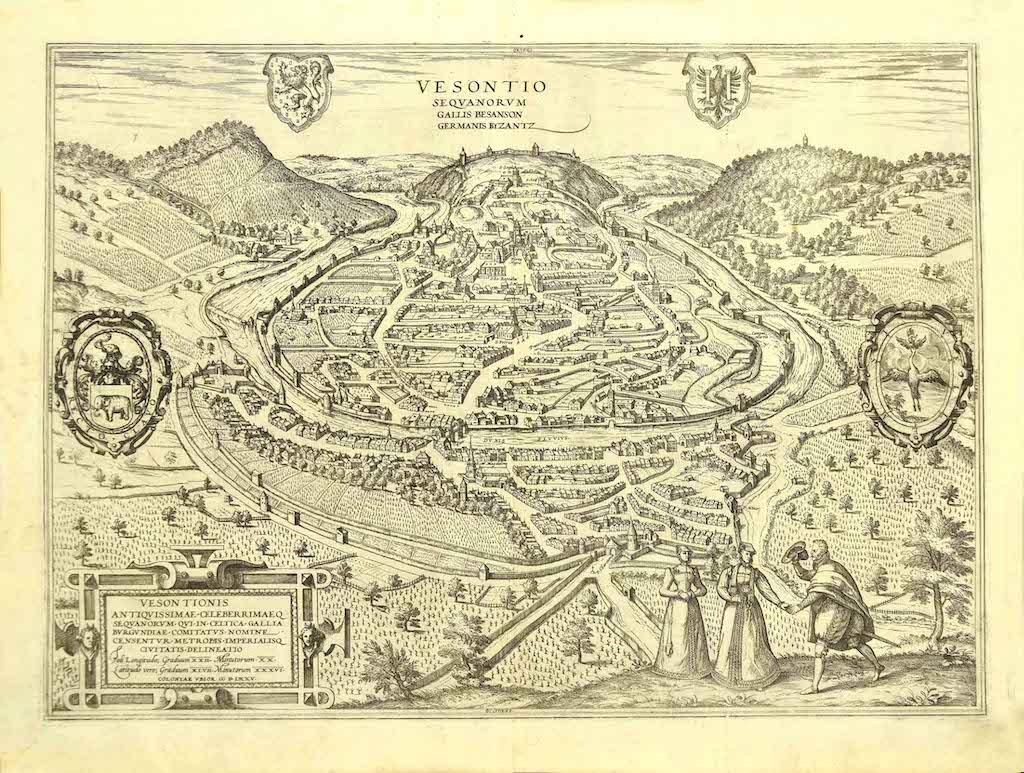Frans Hogenberg Figurative Print - View of Vesontio - Etching by G. Braun and F. Hogenberg - Late 16th Century