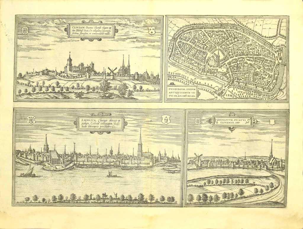 Frans Hogenberg Figurative Print -  Views of 4 Cities- Etching by G. Braun and F. Hogenberg - Late 16th Century