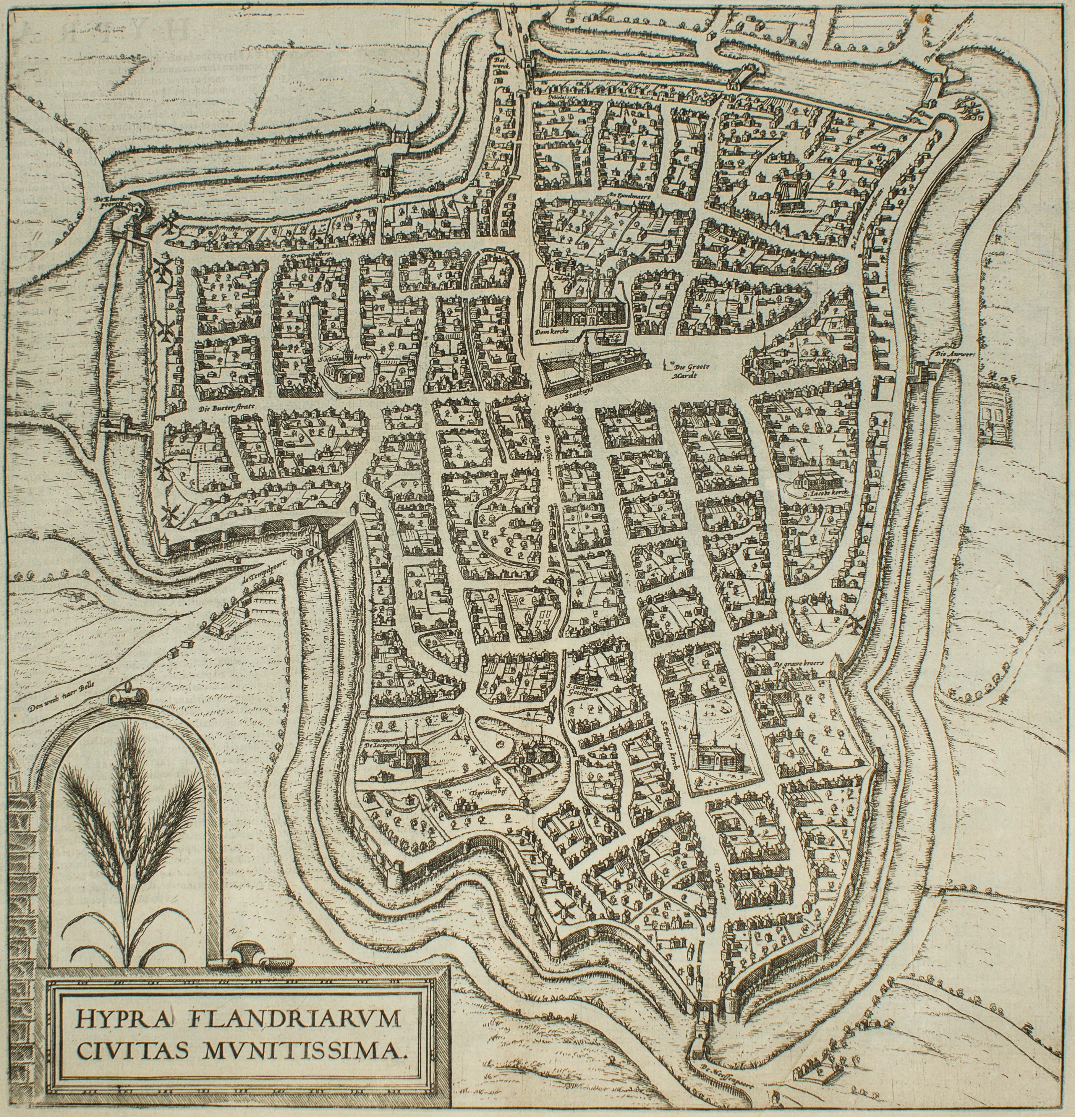 Frans Hogenberg Landscape Print - Ypra, Map from "Civitates Orbis Terrarum" - by F. Hogenberg - 1575