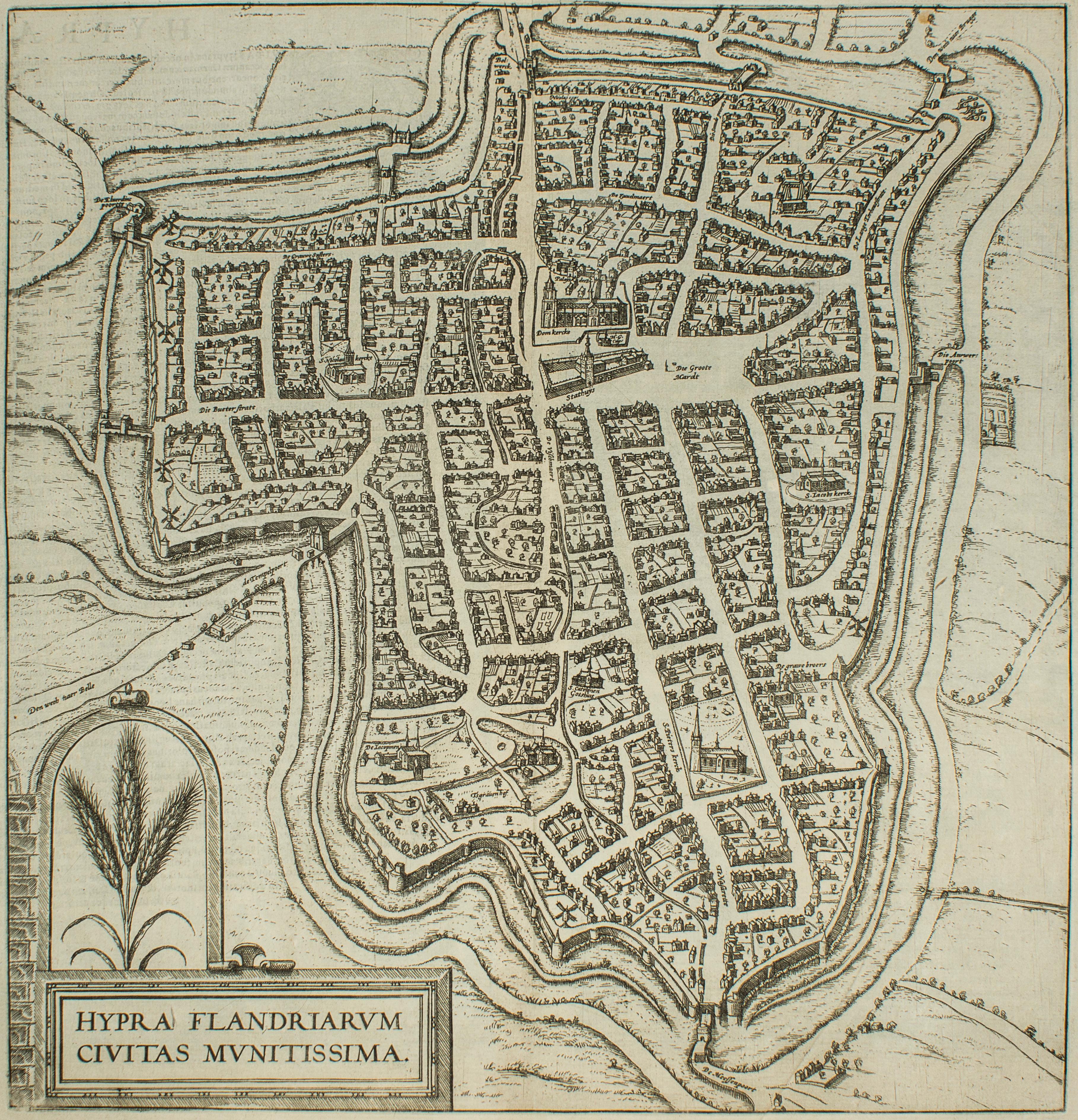 Frans Hogenberg Landscape Print – Ypra, Karte von ""Civitates Orbis Terrarum" - von F. Hogenberg - 1575