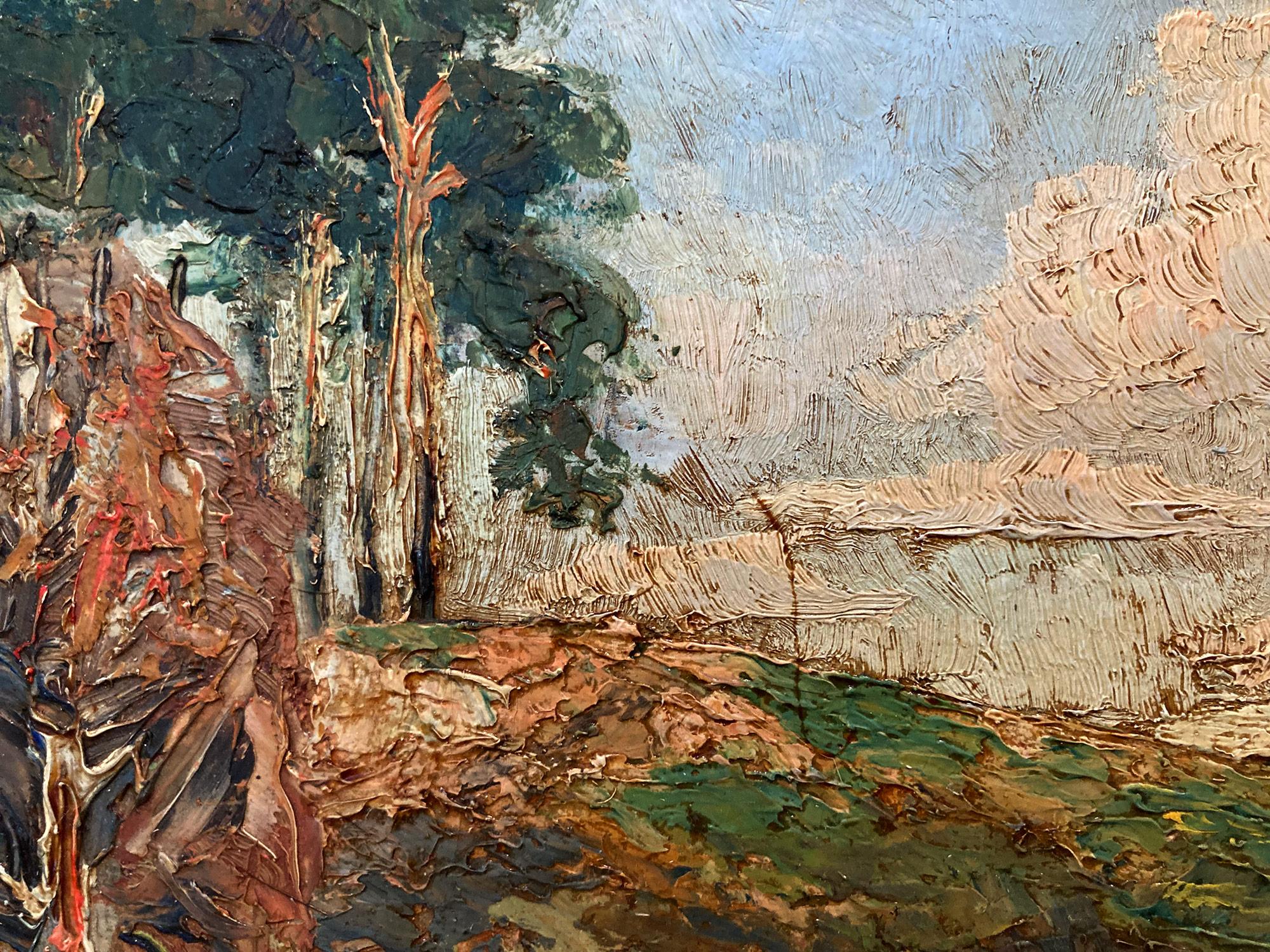 A wonderful depiction of an Autumn landscape with puffed trees by the country side. For this beautiful depiction, we find distinct elements that are unique to the earlier works of Franz Holstein. Among other things, this German artist was notable
