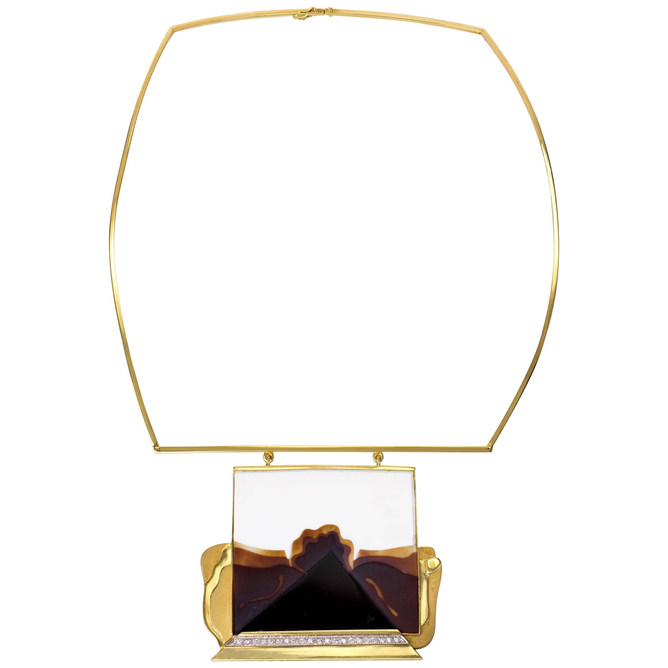 Franz Huppertz, Modernist Gold, Diamond Agate and Ceramic Choker Necklace