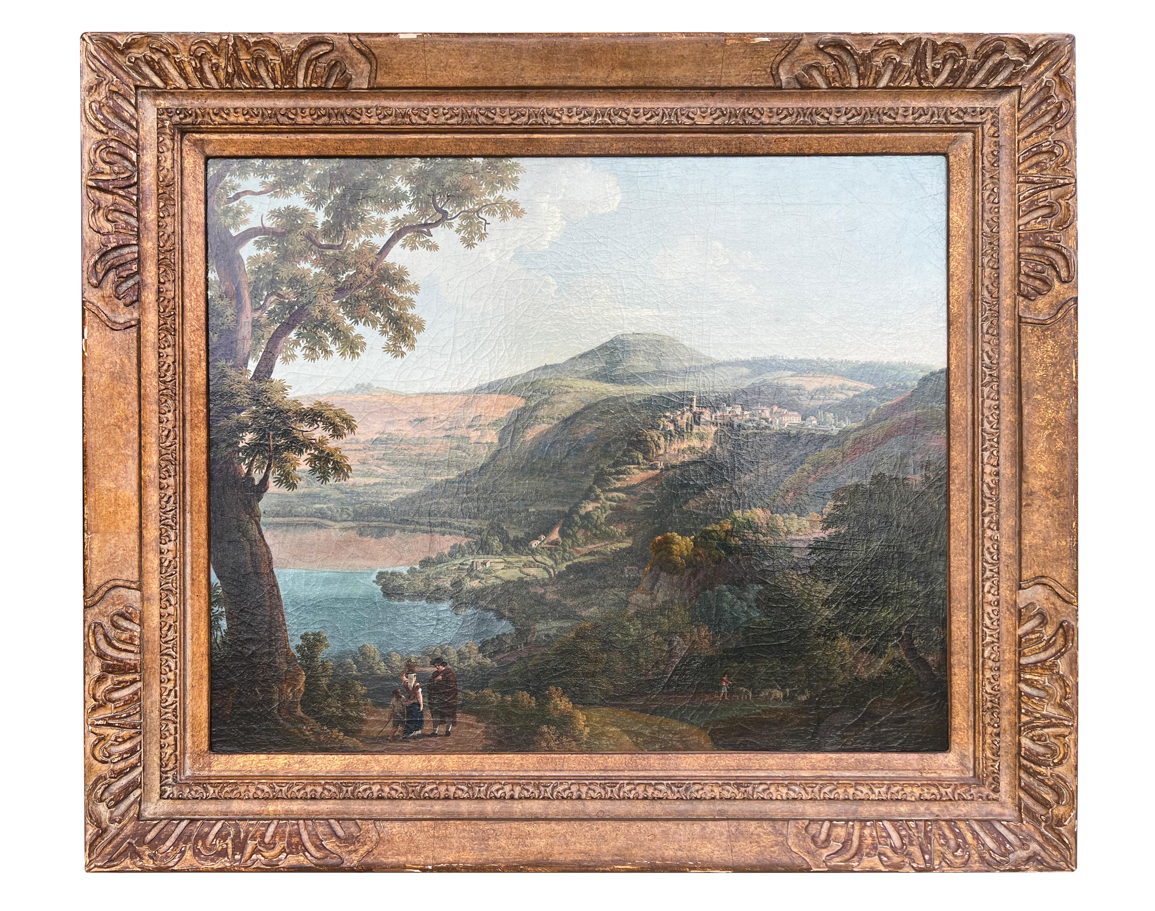 Landscape at Lake Nemi is an original painting realized by Franz Knebel in the half of the 19th century. Oil on canvas. Full title:  Landscape at lake Nemi South of Rome.  

Good conditions except for slightly soiled painting surface. Four smaller