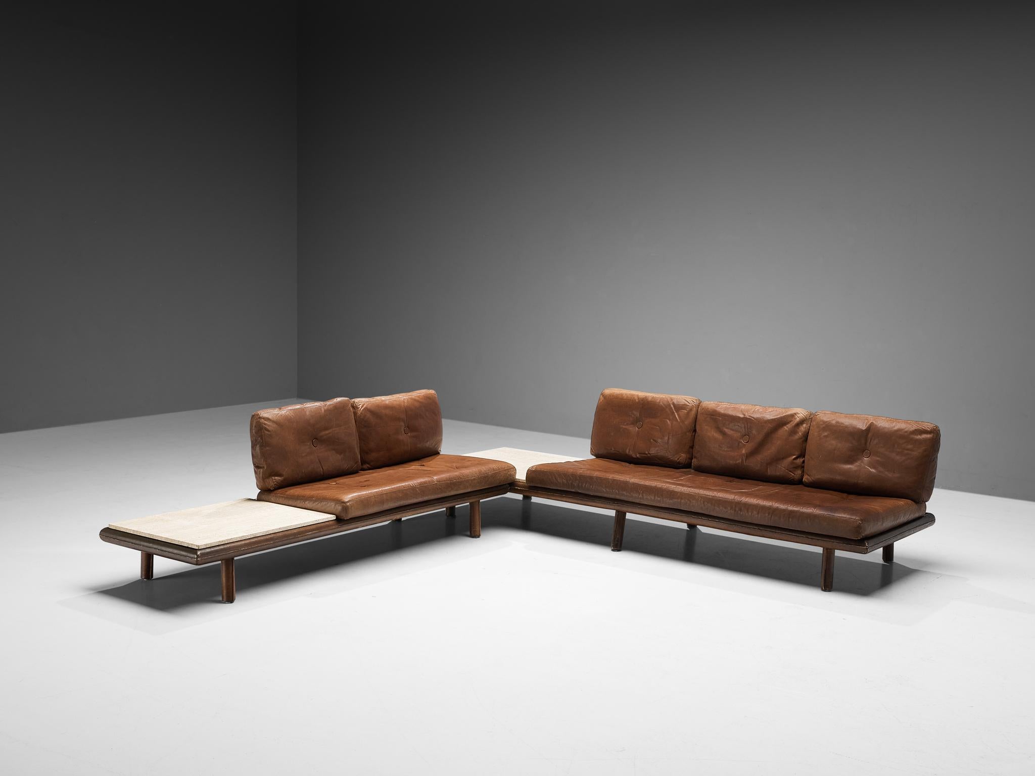 Mid-20th Century Franz Köttgen for Kill International Daybed Sofa in Leather and Travertine For Sale