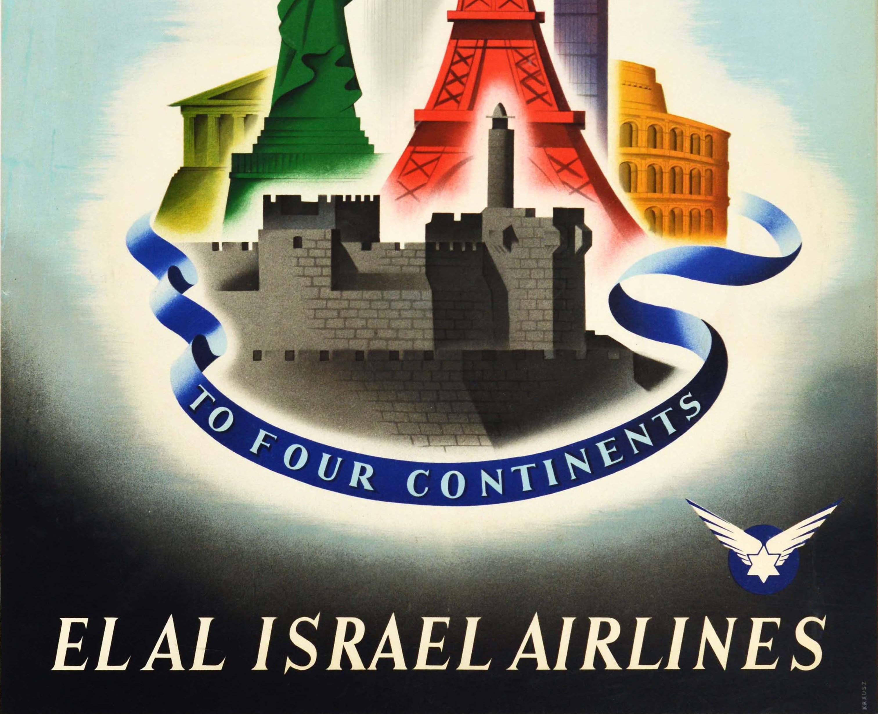 Affiche vintage d'origine d'El Al Israel Airlines Fly Constellation Four Continents - Gris Print par Franz Krausz