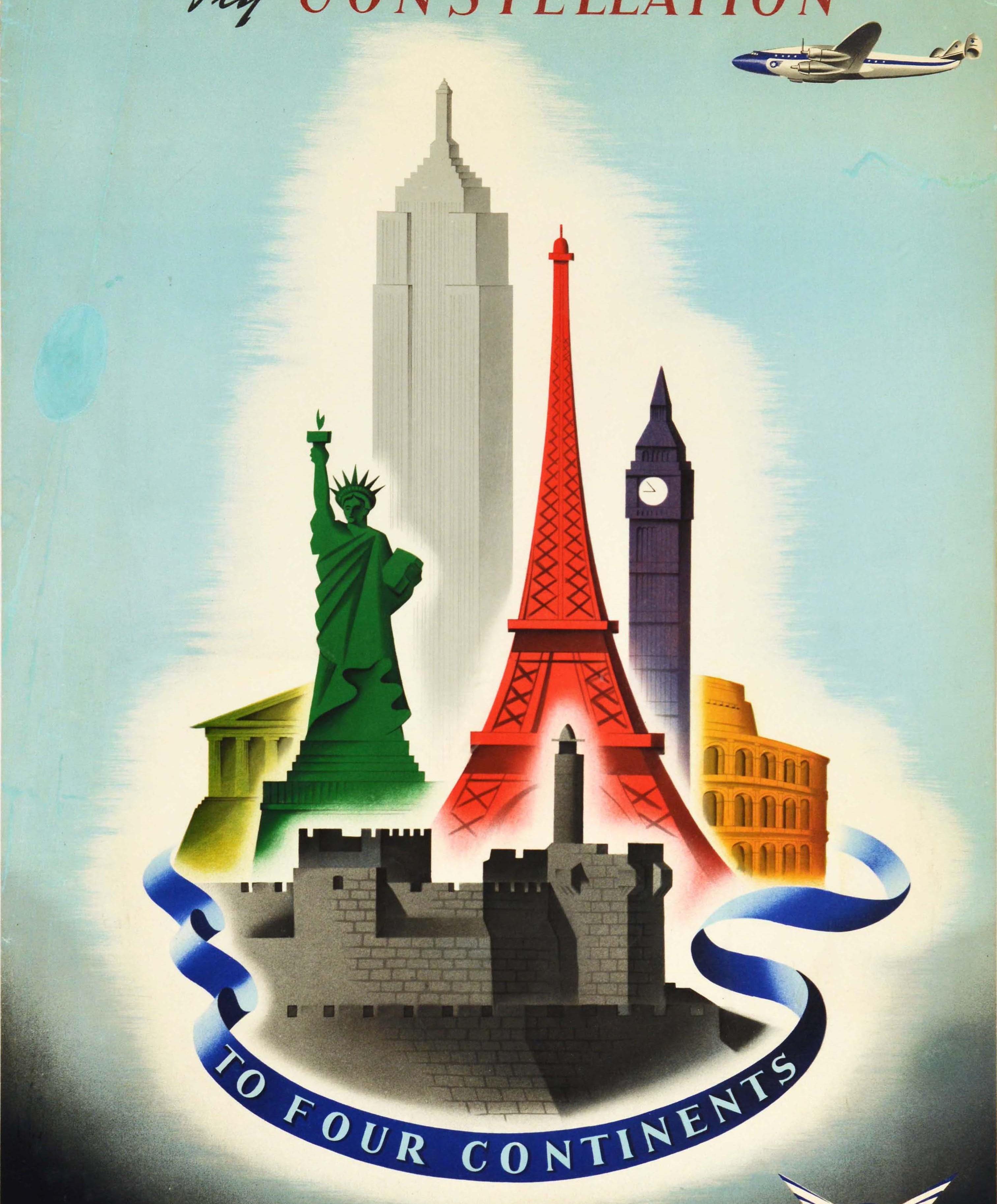 Affiche publicitaire originale de voyage aérien - Fly Constellation to Four Continents El Al Israel Airlines - présentant un superbe dessin du graphiste israélien Franz Krausz (1905-1998) représentant des sites célèbres de différents pays des quatre