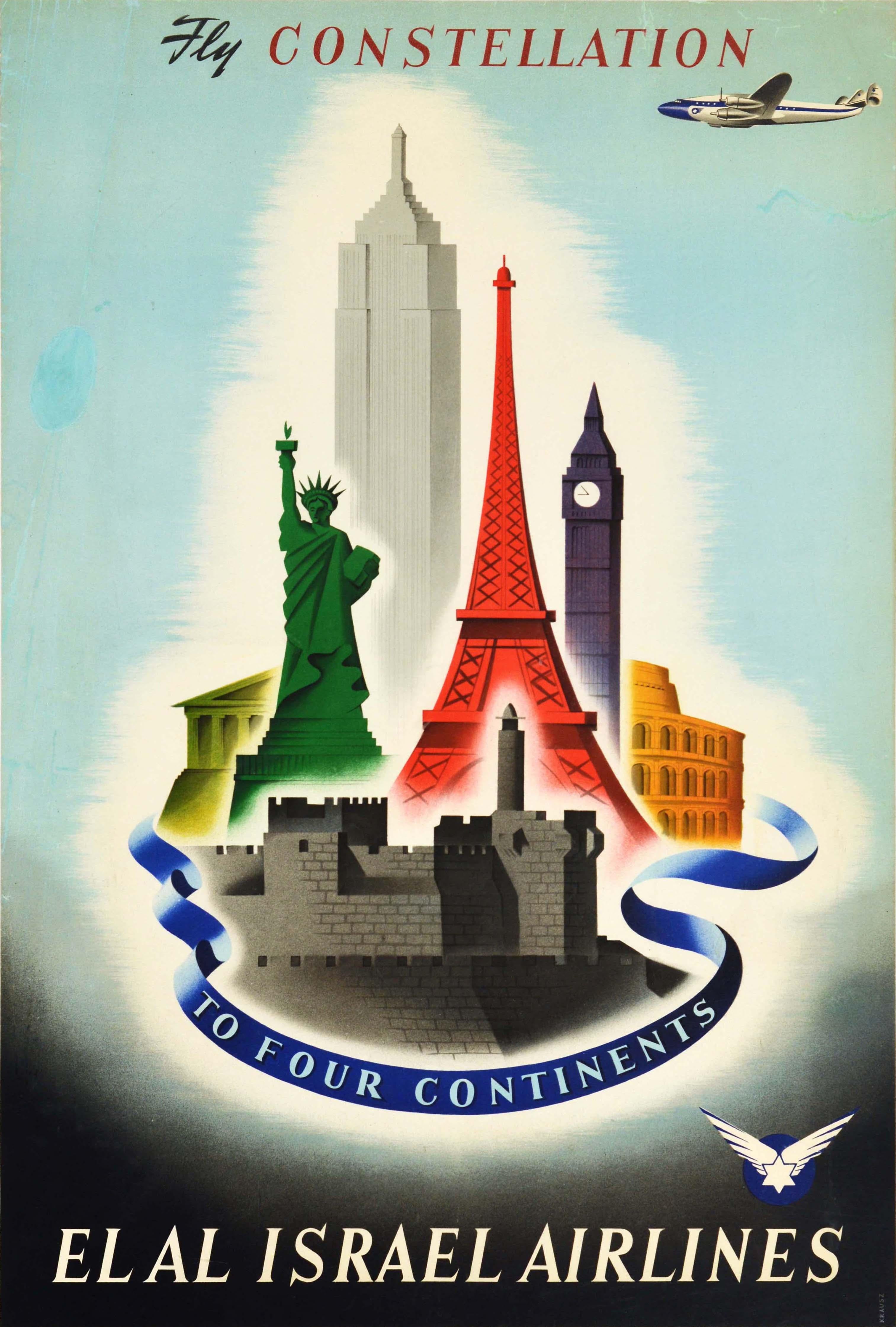 Print Franz Krausz - Affiche vintage d'origine d'El Al Israel Airlines Fly Constellation Four Continents