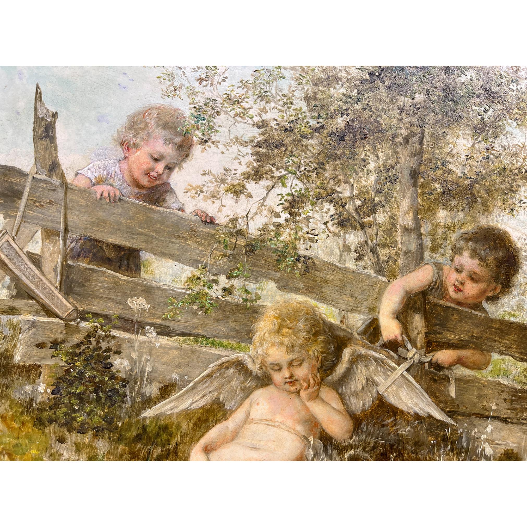 Amusing pair of paintings by Franz LEFLER (1831-1898) Czech

The two paintings showcase scenes of child's play. The first showcases two children who have happened upon cupid asleep in the forest. The second shows the a game of badminton.  

Medium: