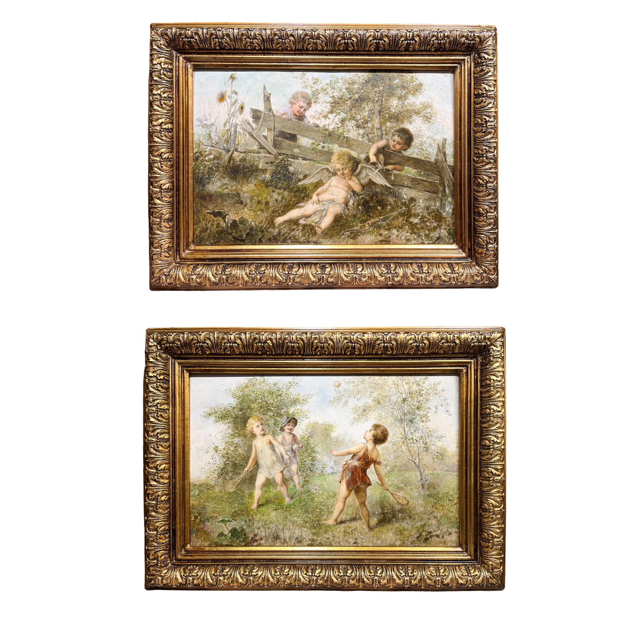 Amusante paire de peintures de Franz LEFLER (1831-1898) Tchèque

Les deux tableaux présentent des scènes de jeux d'enfants. La première met en scène deux enfants qui ont découvert par hasard un cupidon endormi dans la forêt. La seconde montre une