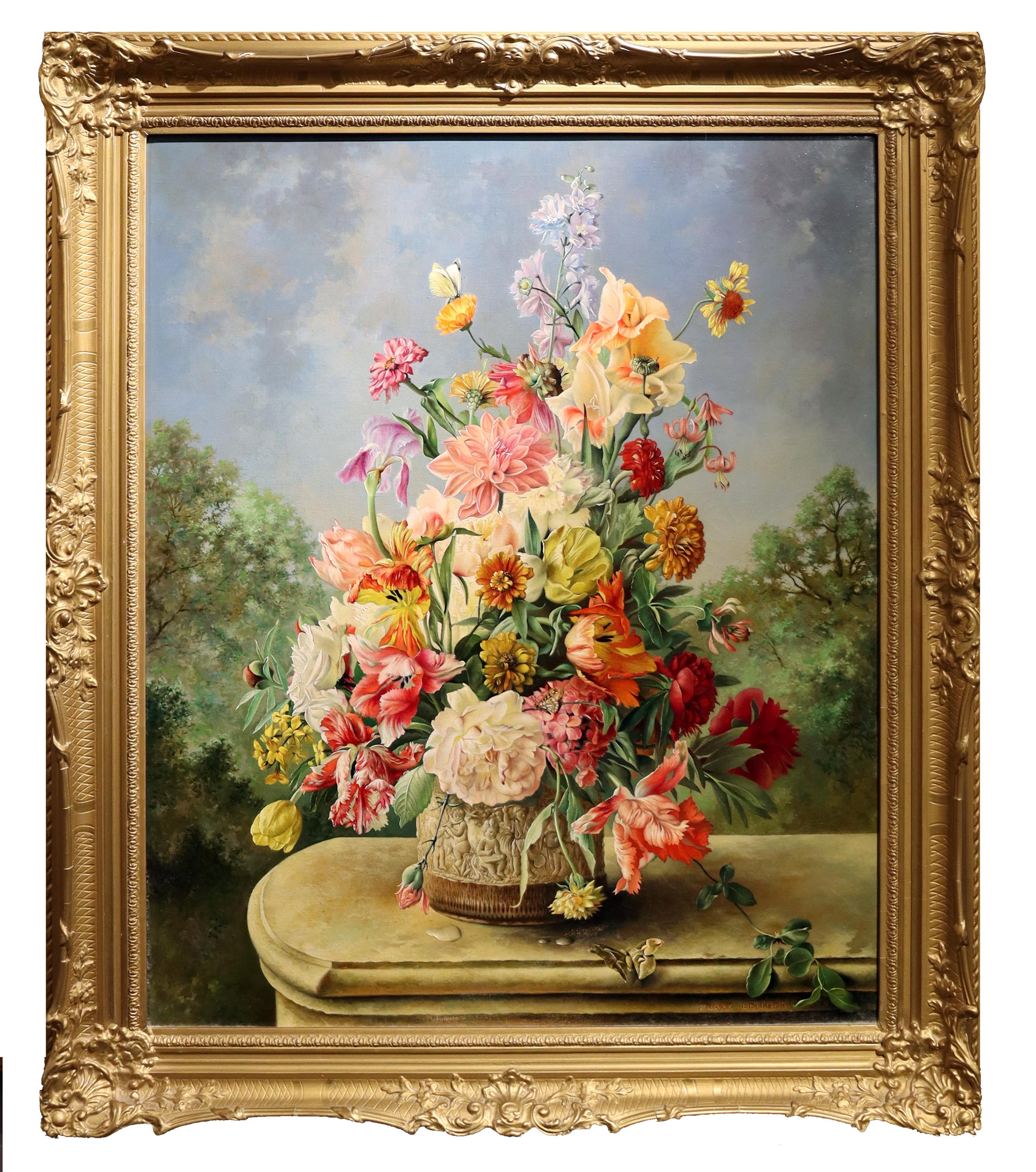 Floral Still Life in Cameo Pot - Painting by Franz Leitgeb