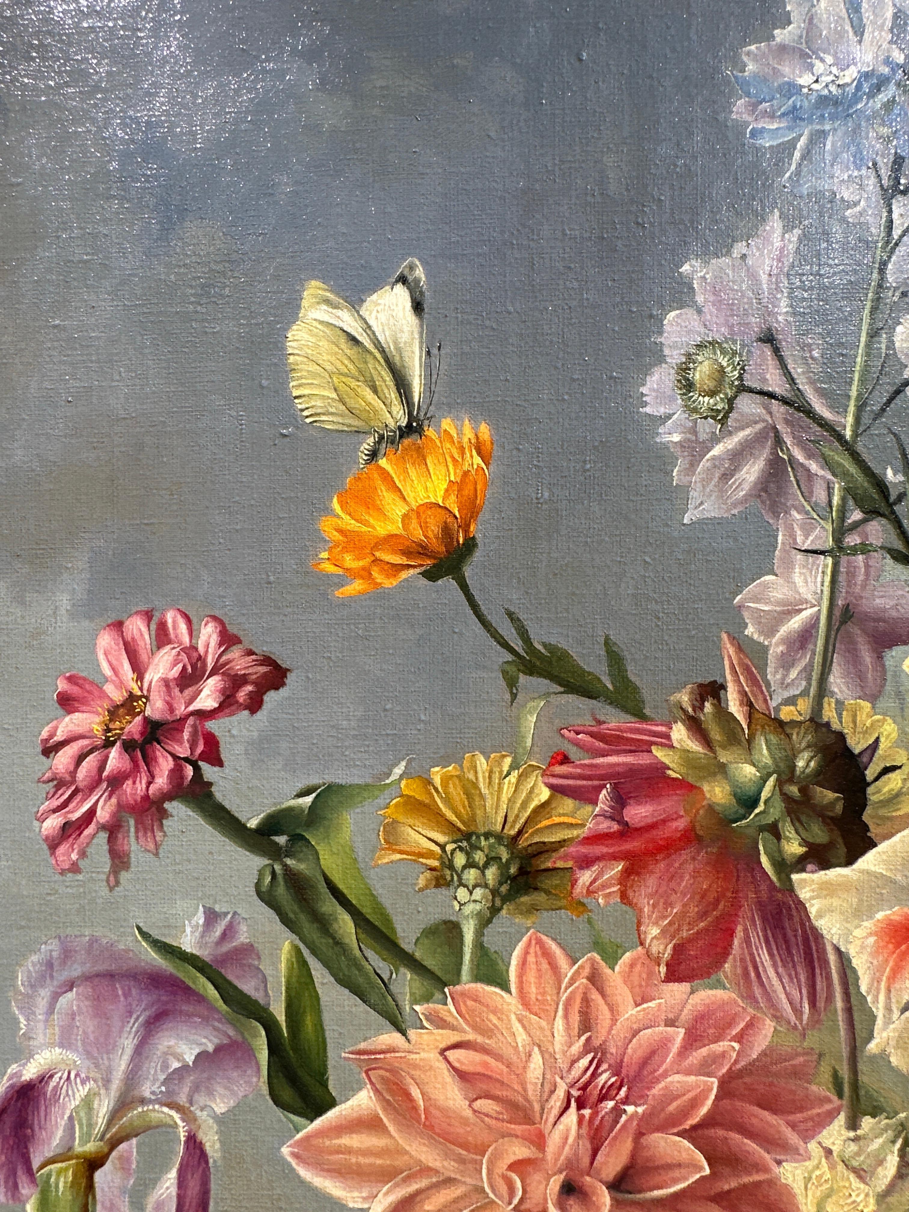 Blumenstillleben im Kameo-Topf (Realismus), Painting, von Franz Leitgeb