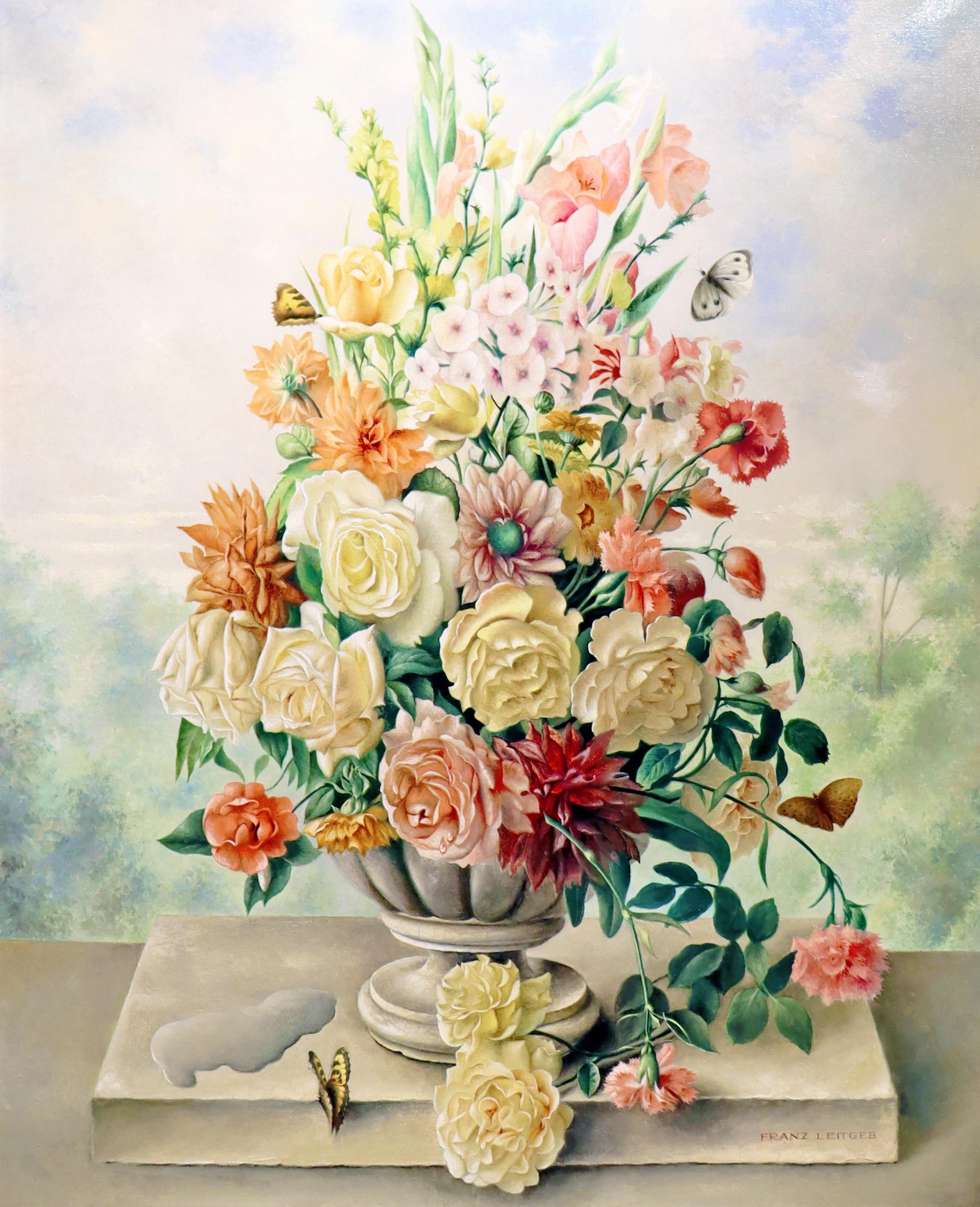 Franz Leitgeb Still-Life Painting – Blumenstillleben in kannelierter Schale