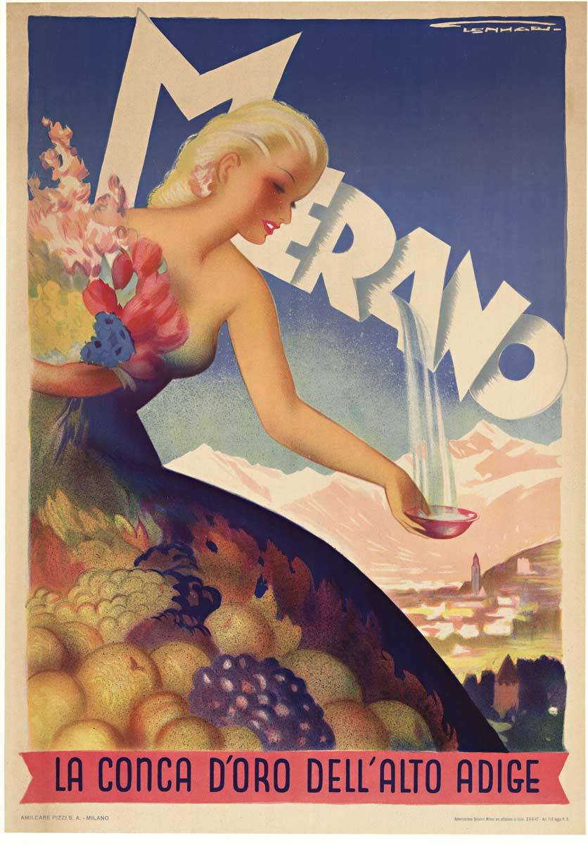 Franz Lenhart Landscape Print - Merano La Conca d"oro dell'Alto Adige original vintage lithograph poster